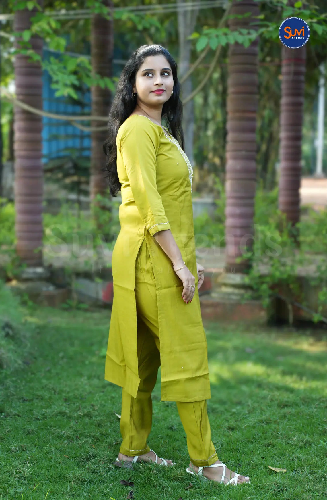 Roman Silk Suit Set with Embellished Neckline - Lemon Yellow