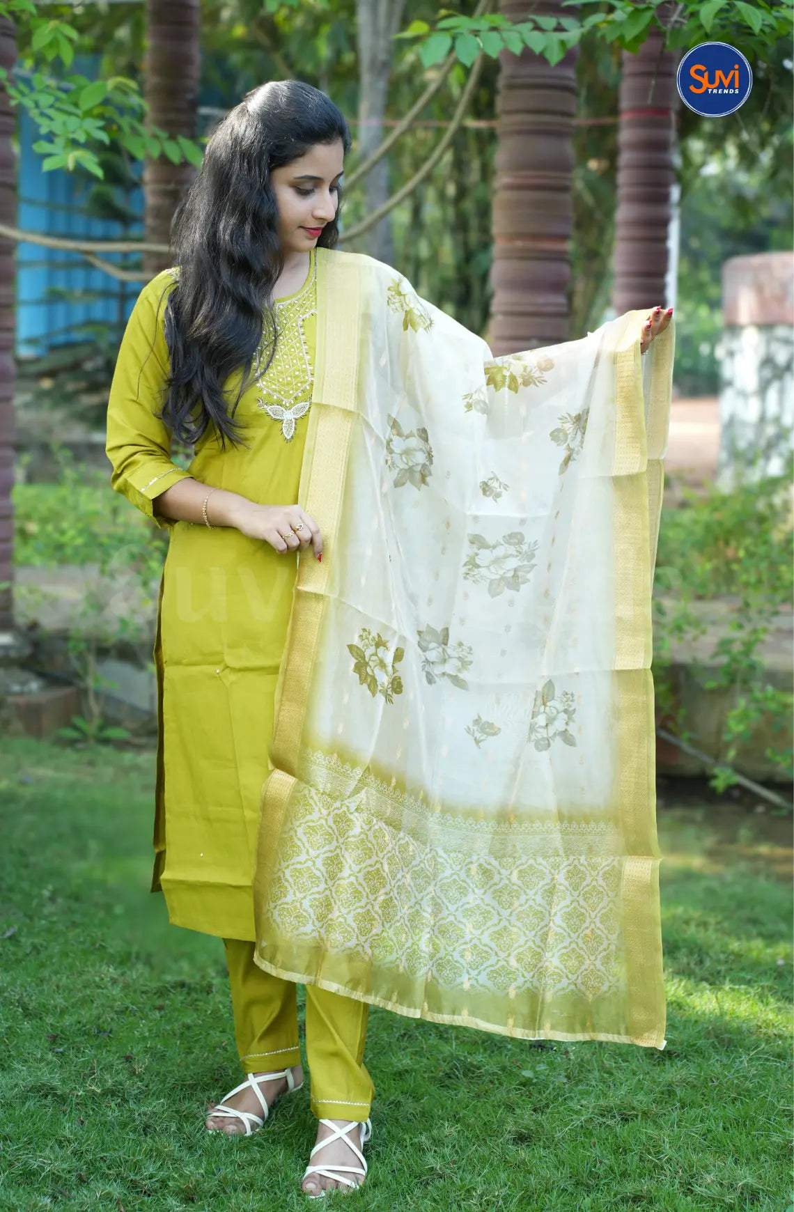 Roman Silk Suit Set with Embellished Neckline - Lemon Yellow