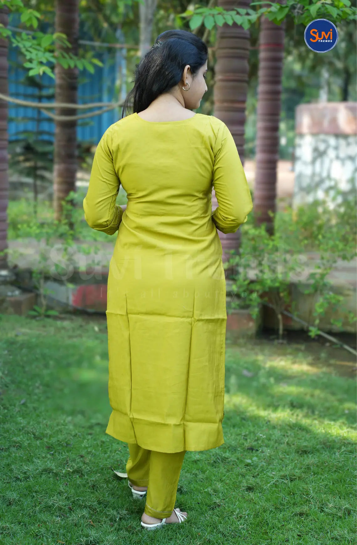 Roman Silk Suit Set with Embellished Neckline - Lemon Yellow