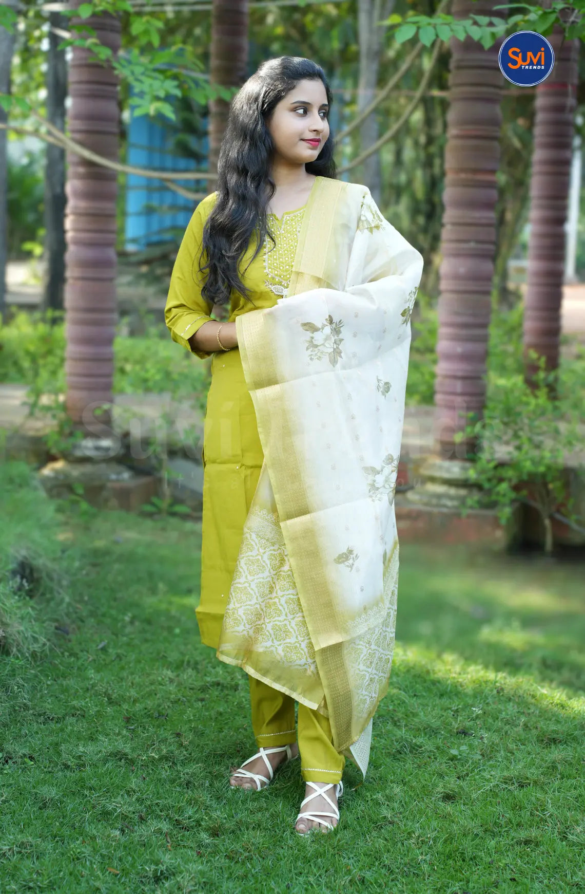 Roman Silk Suit Set with Embellished Neckline - Lemon Yellow