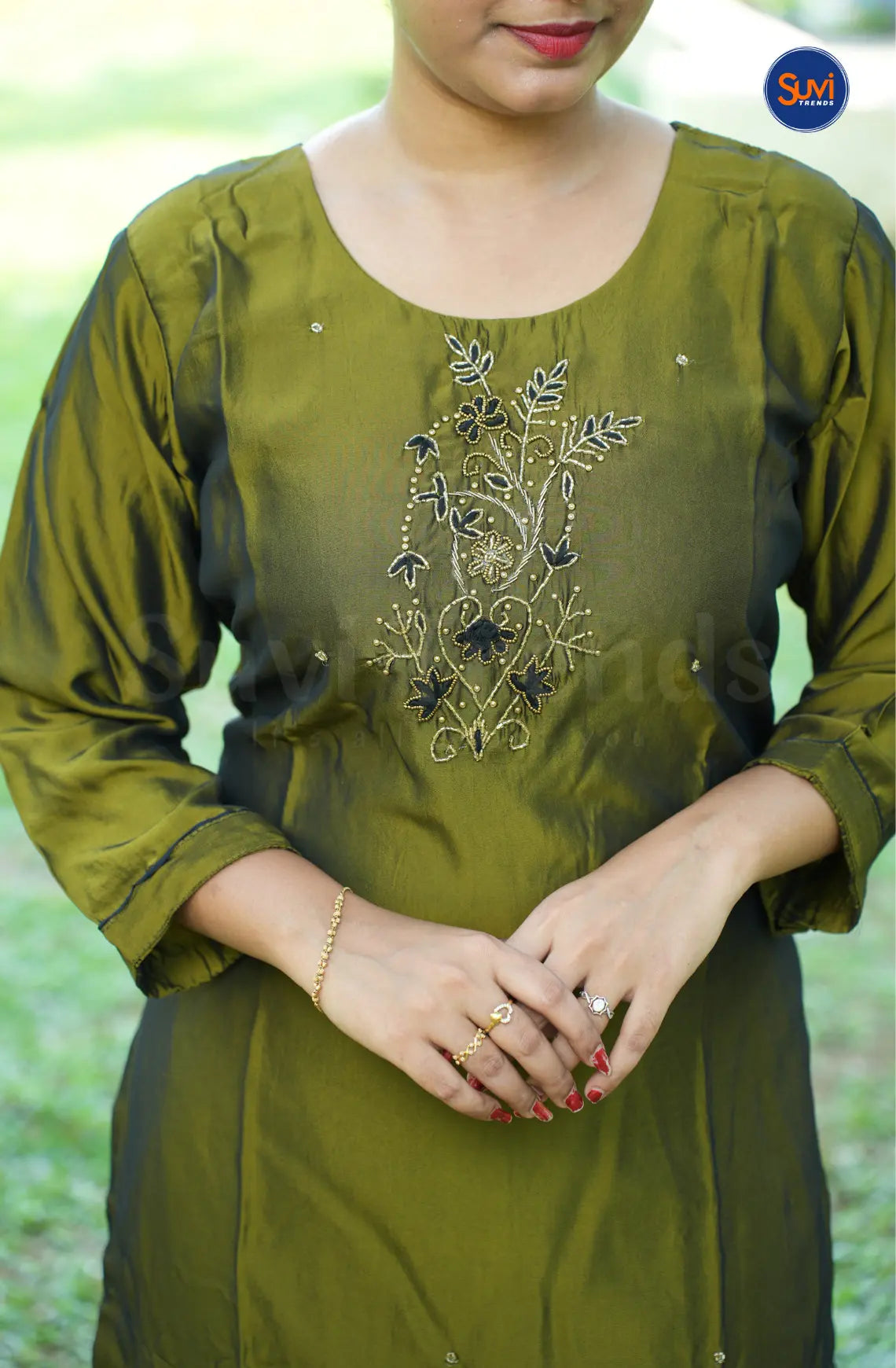 Roman Silk Suit Set with Floral Bead Work - Army Green