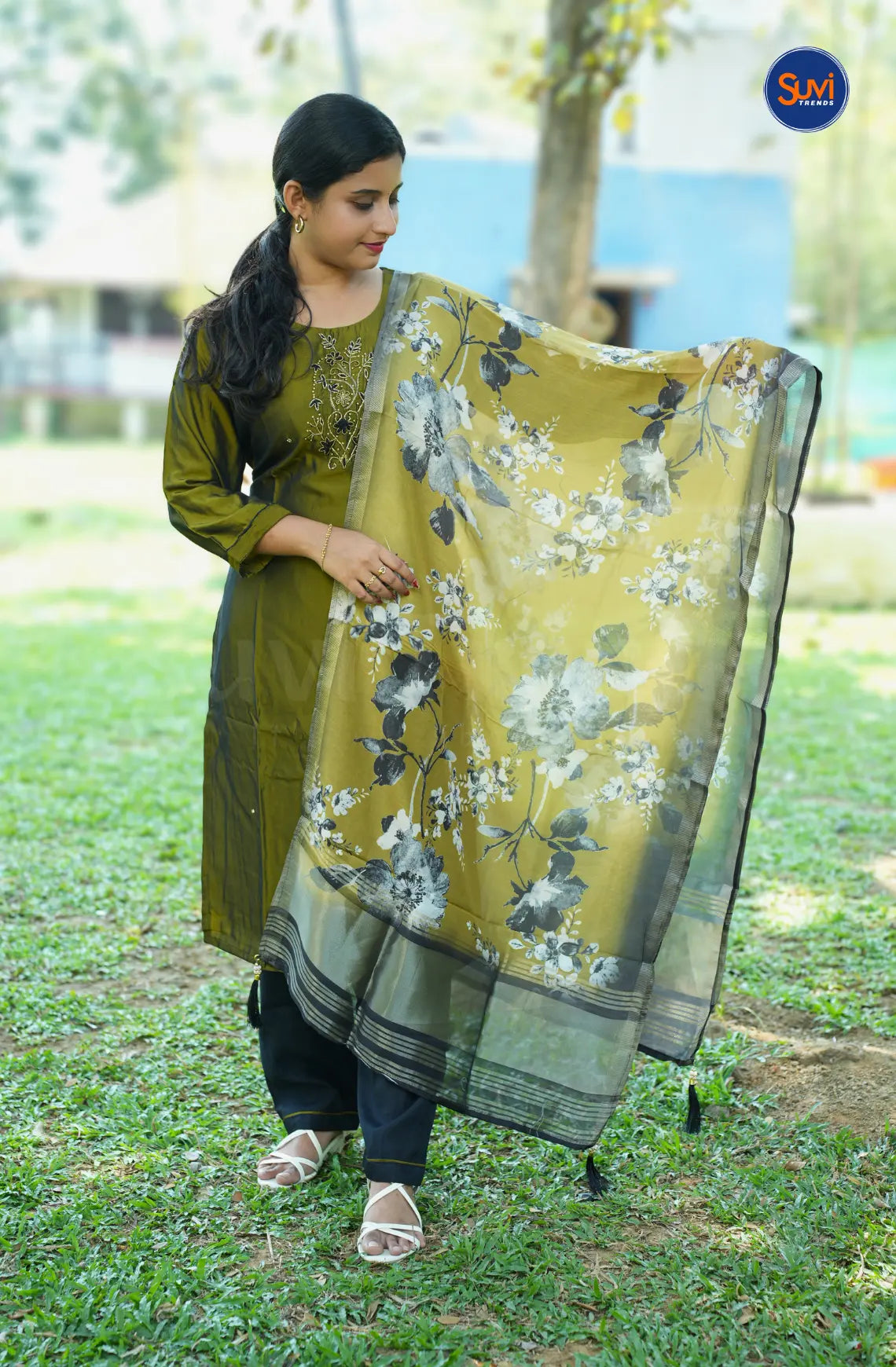Roman Silk Suit Set with Floral Bead Work - Army Green
