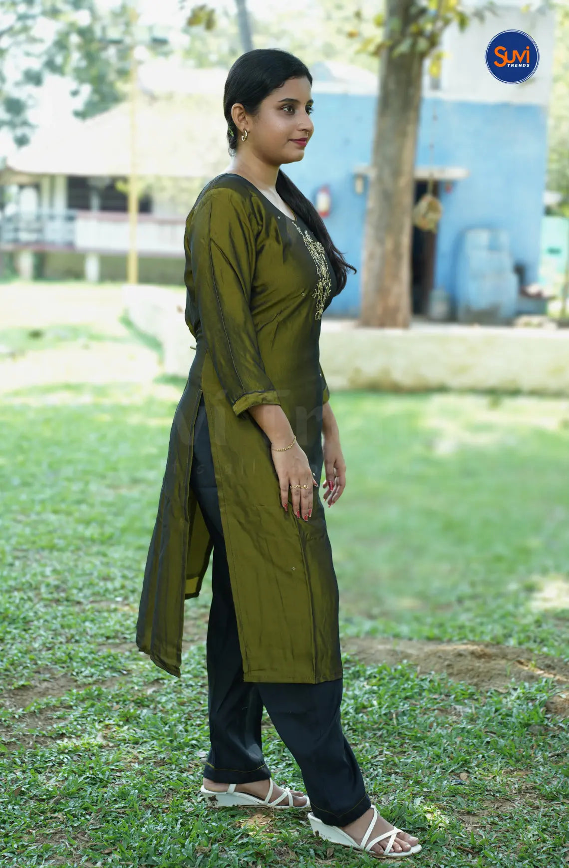 Roman Silk Suit Set with Floral Bead Work - Army Green