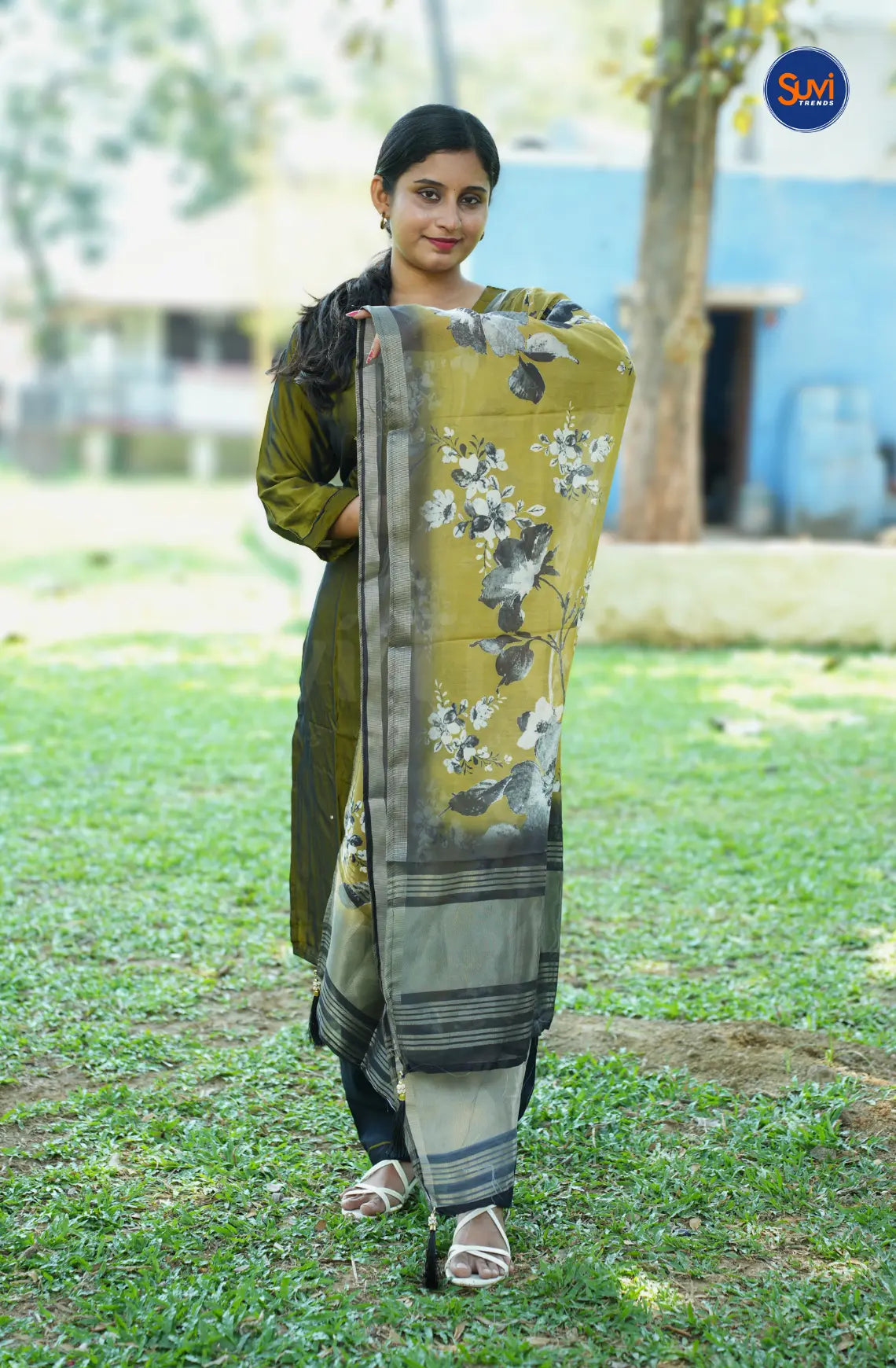 Roman Silk Suit Set with Floral Bead Work - Army Green