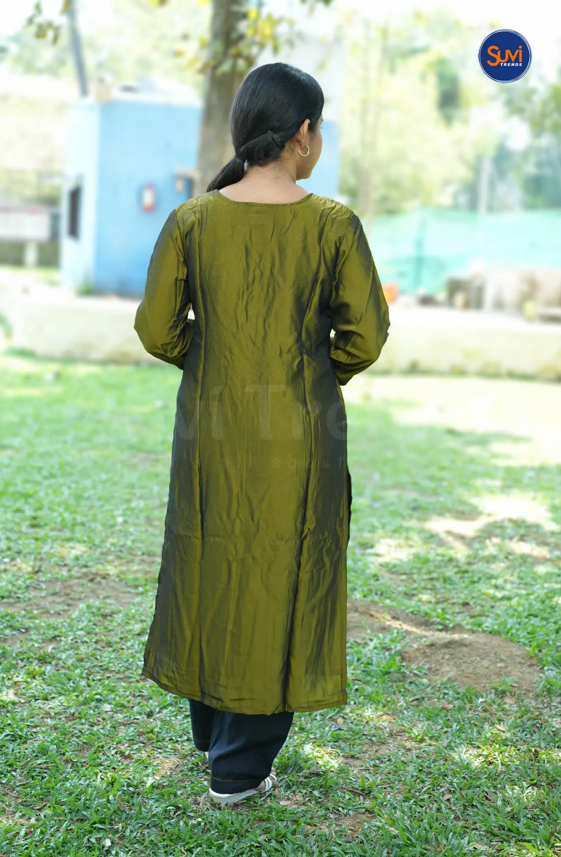 Roman Silk Suit Set with Floral Bead Work - Army Green