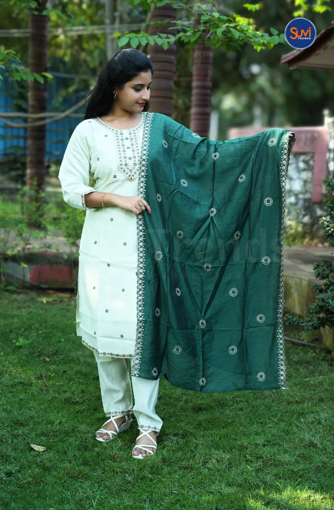Roman Silk Suit Set with Sequins Embroidery Work - Pastel Light Green