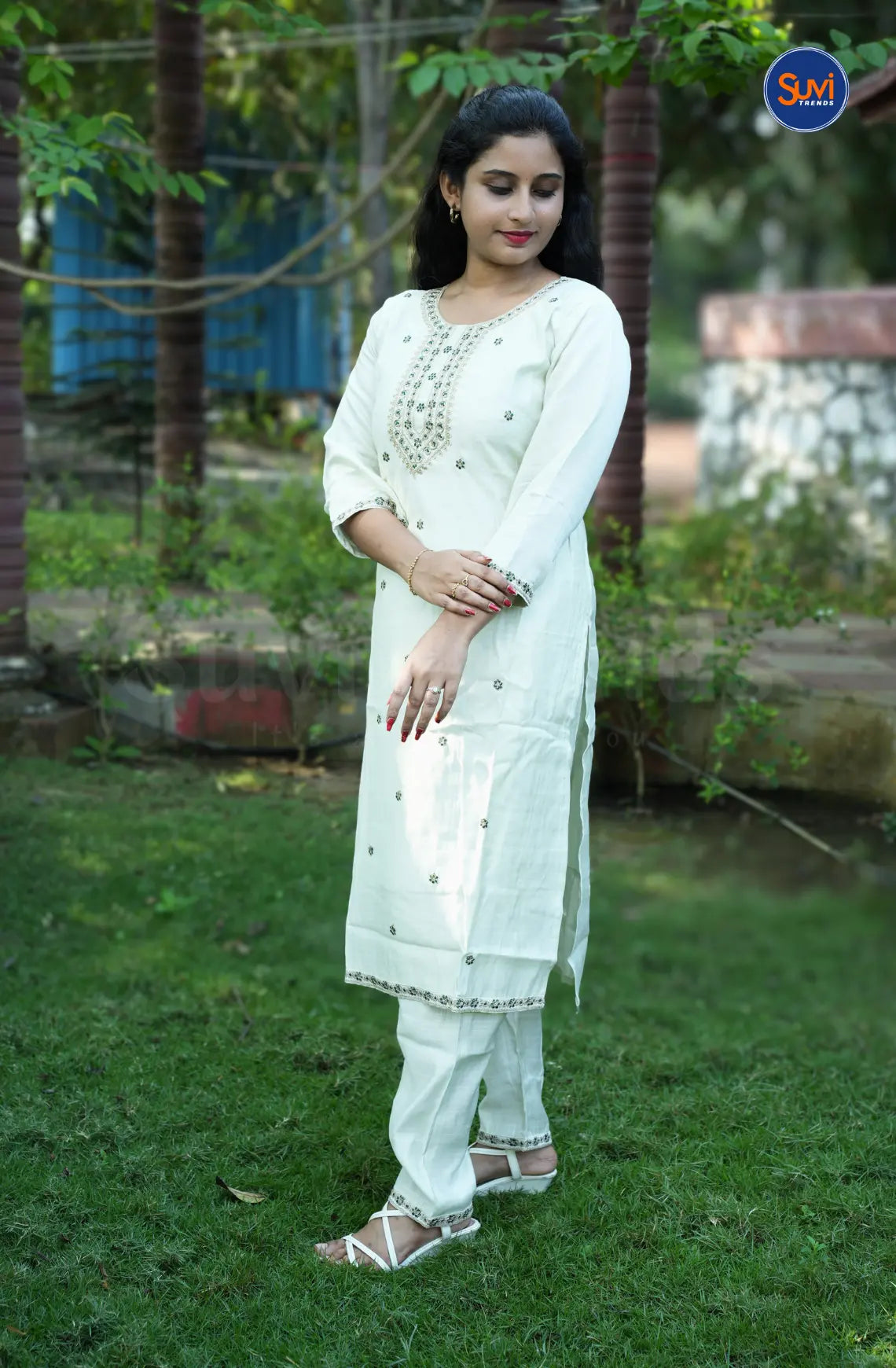 Roman Silk Suit Set with Sequins Embroidery Work - Pastel Light Green