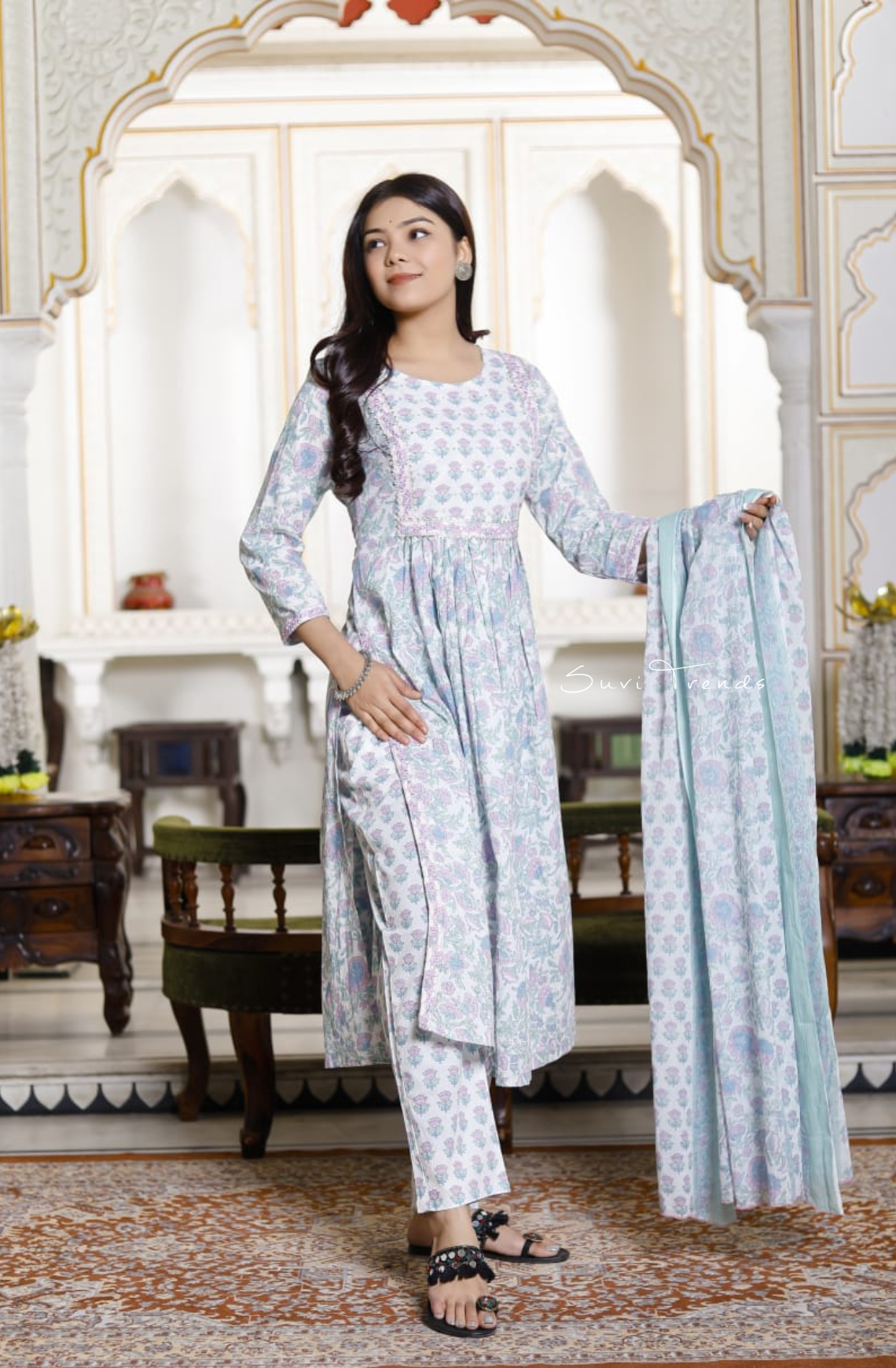 All Over Floral Printed Suit Set - Green & Pink