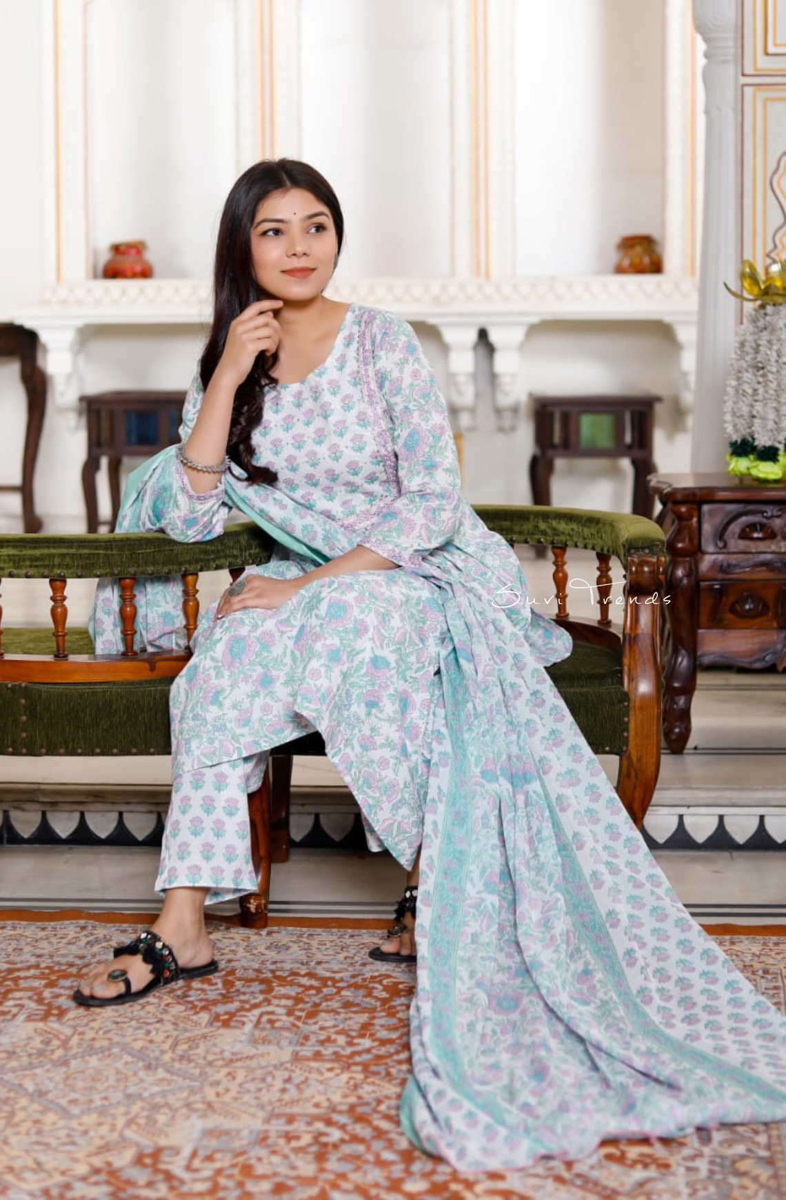All Over Floral Printed Suit Set - Green & Pink