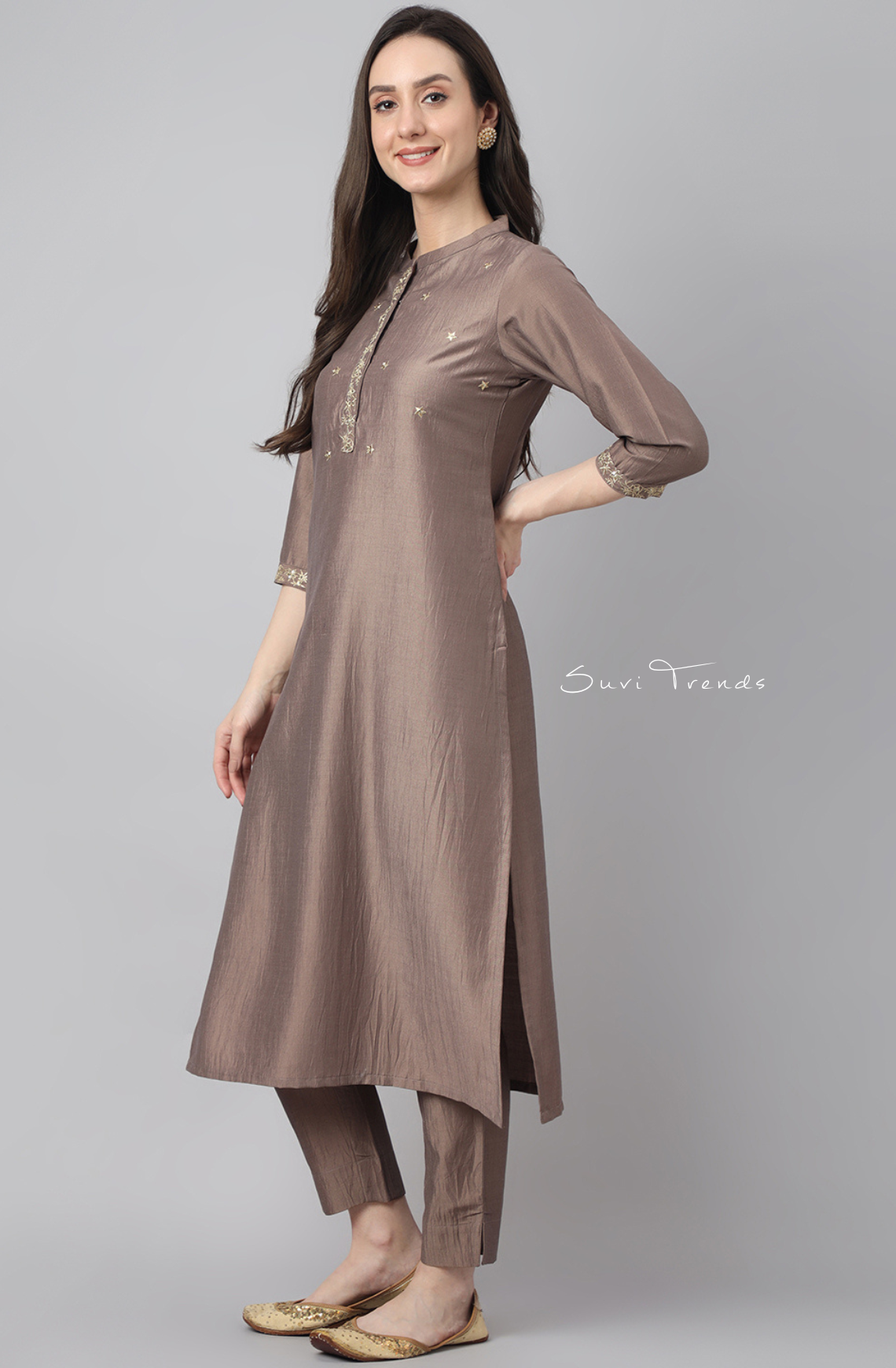 Chinon Solid Kurta Set - Brown