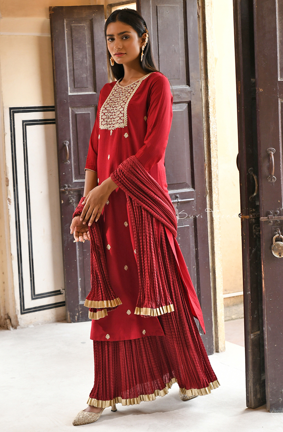 Embroidered Kurta with Skirt and Dupatta - Maroon