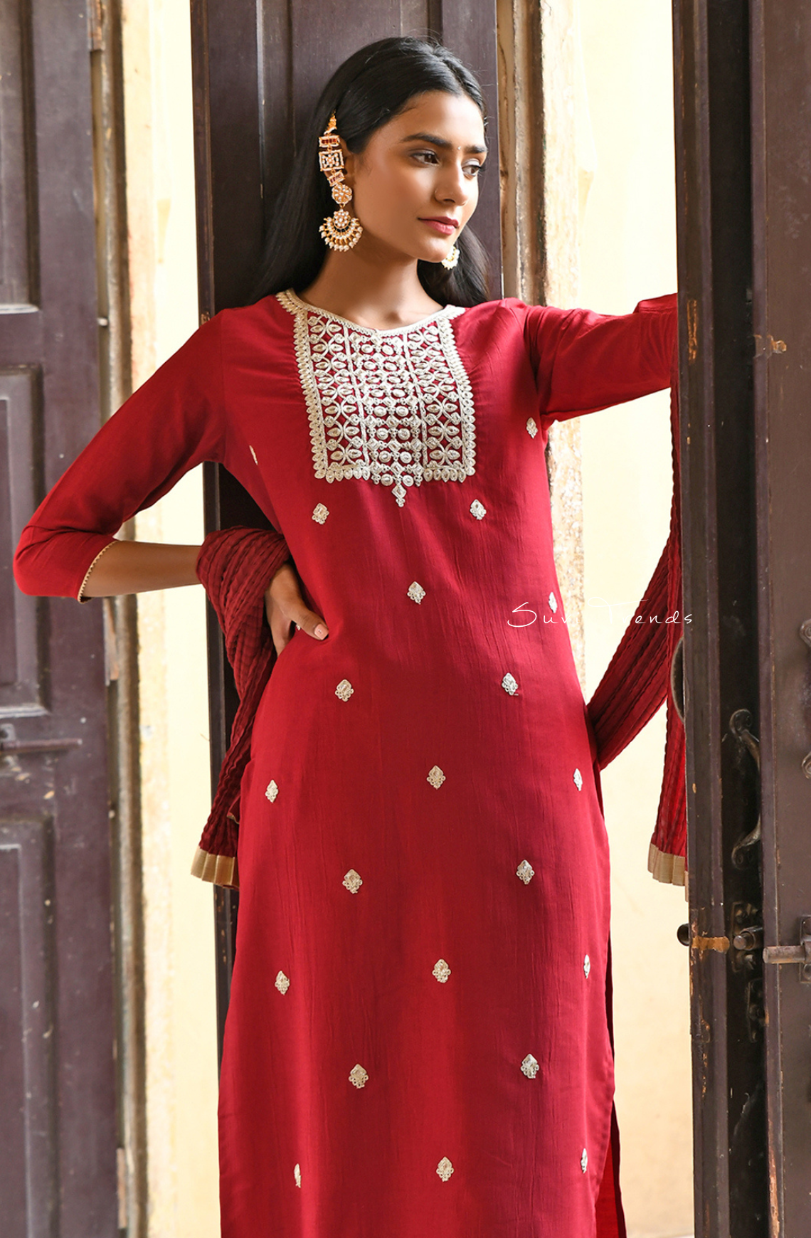 Embroidered Kurta with Skirt and Dupatta - Maroon