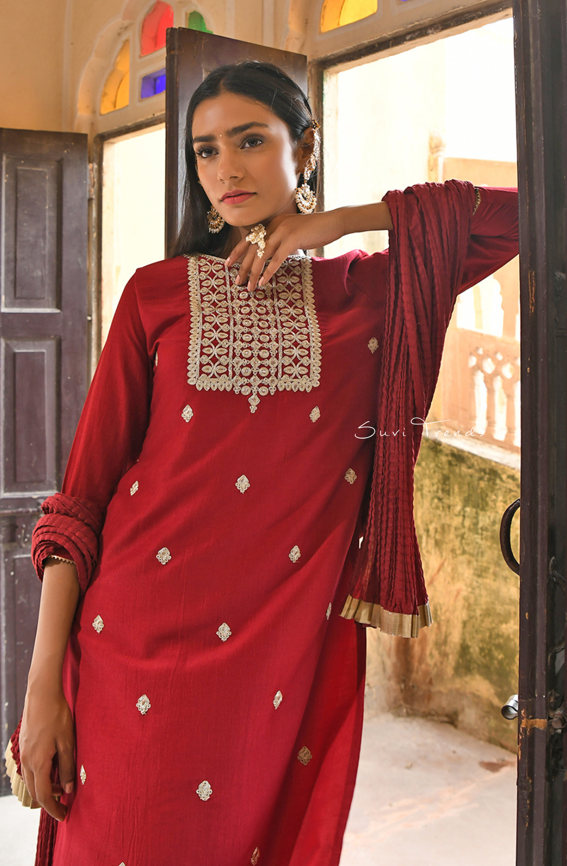 Embroidered Kurta with Skirt and Dupatta - Maroon