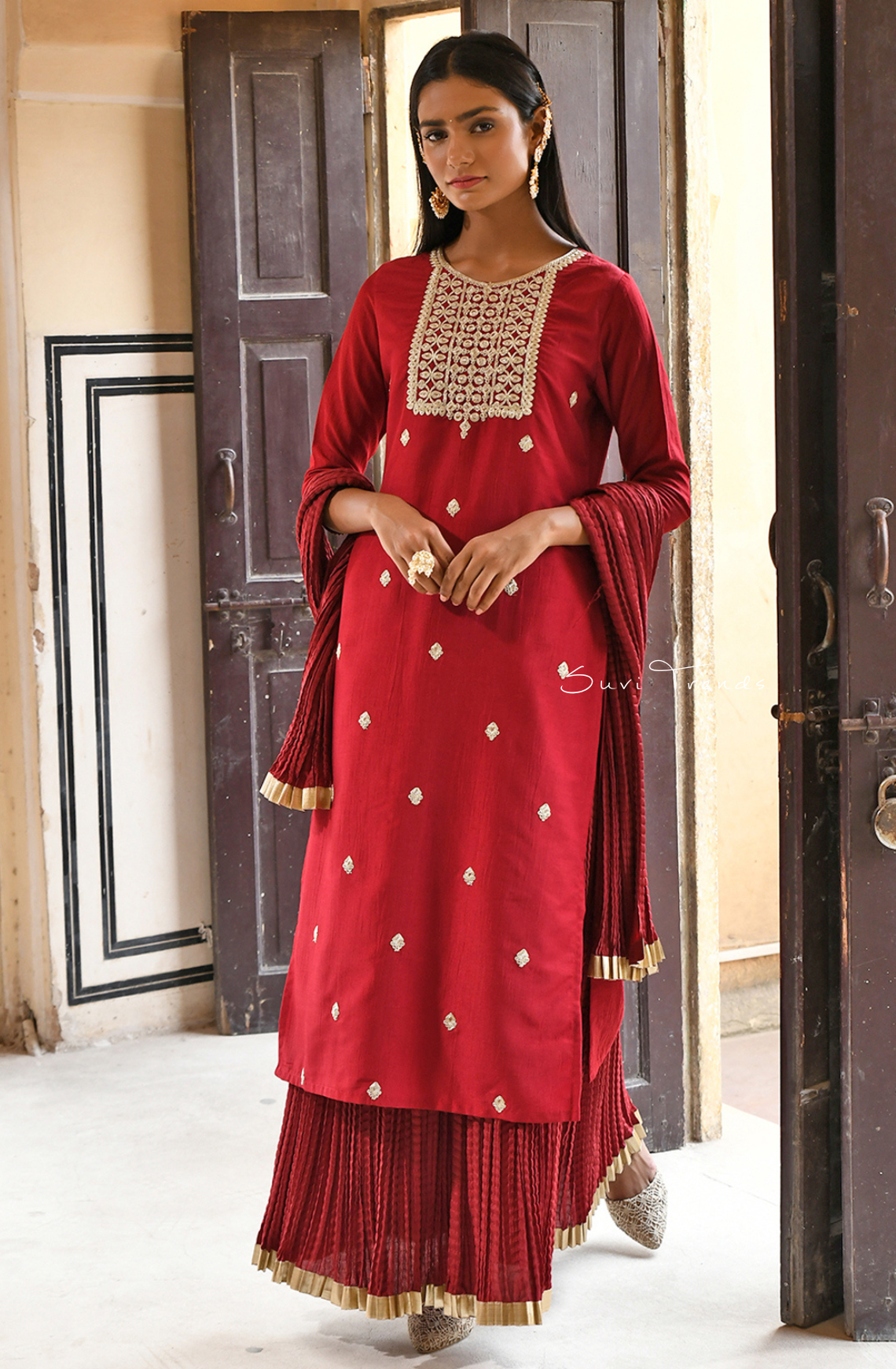 Embroidered Kurta with Skirt and Dupatta - Maroon