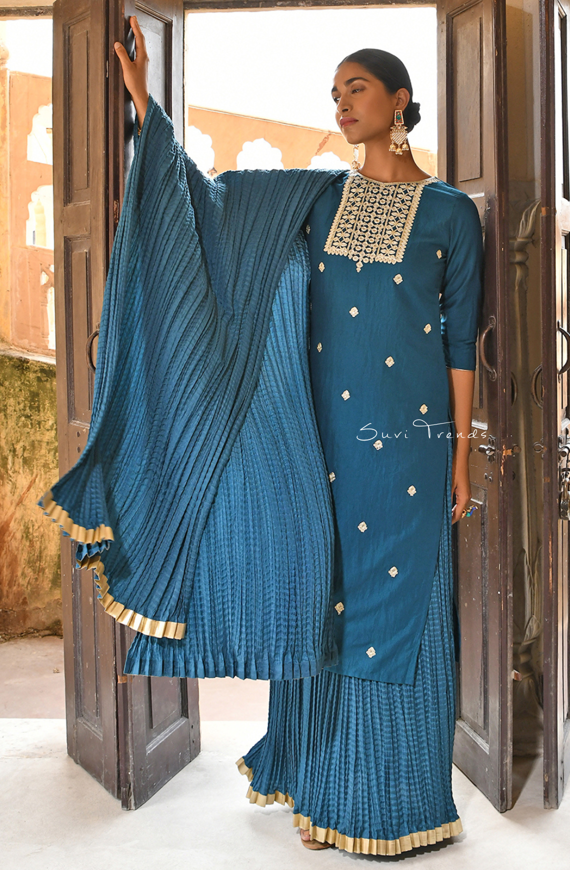 Embroidered Kurta with Skirt and Dupatta - Teal