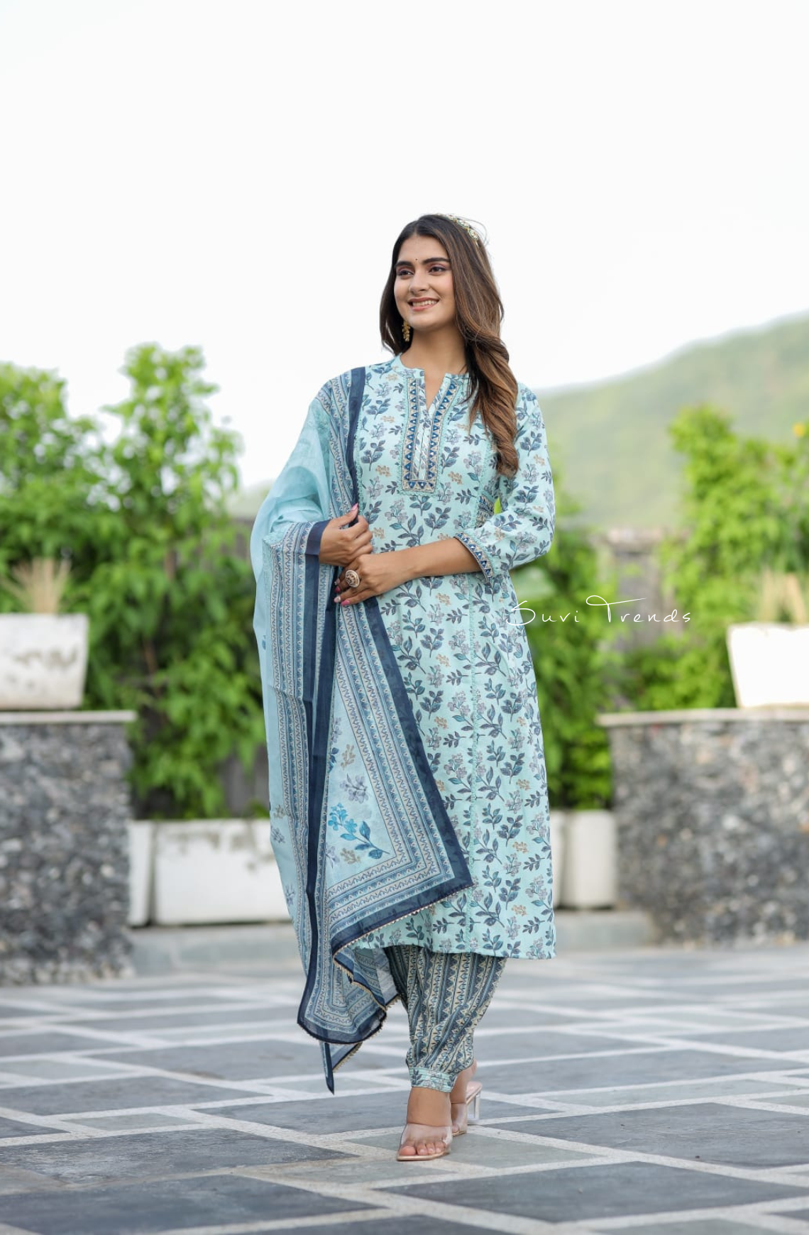 All Over Floral Printed Kurta Set - Sky Blue