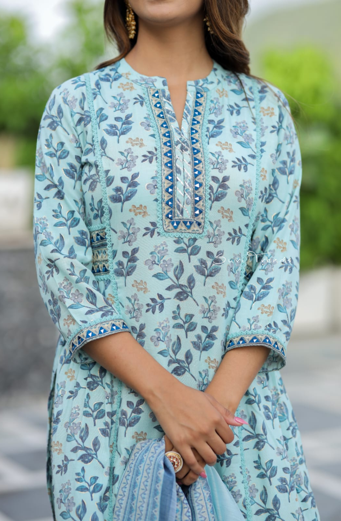All Over Floral Printed Kurta Set - Sky Blue