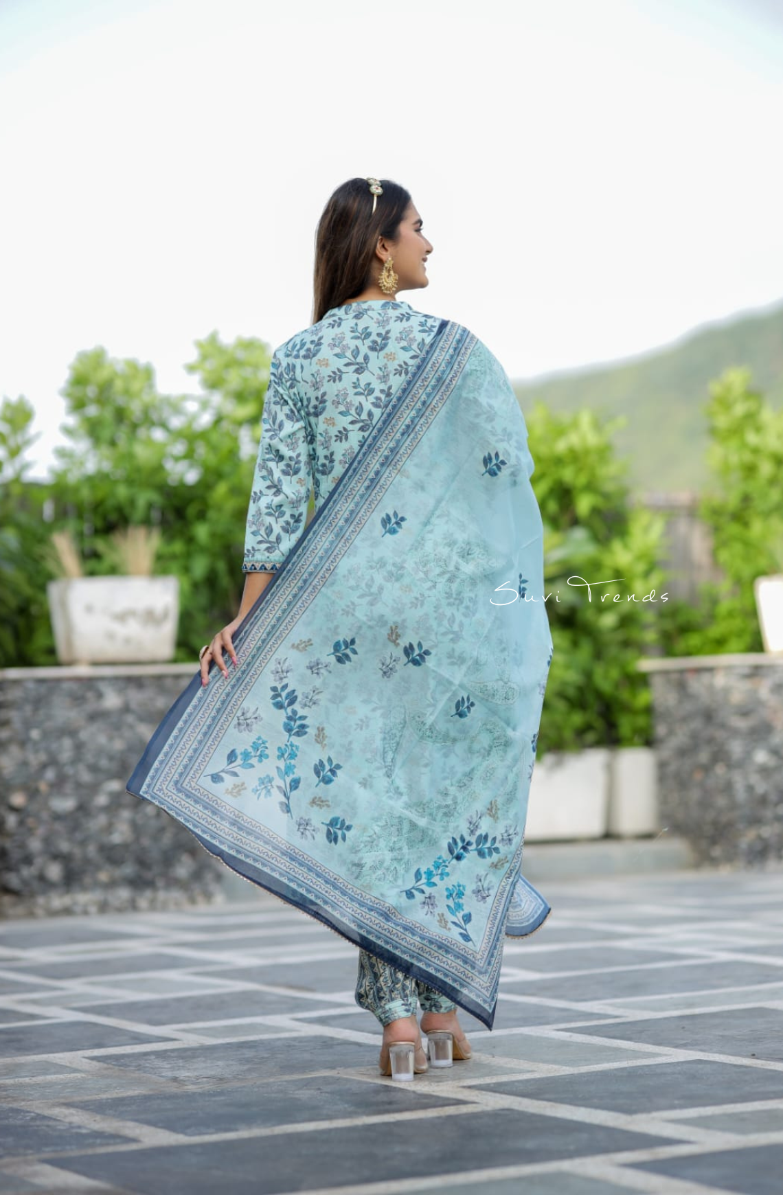 All Over Floral Printed Kurta Set - Sky Blue
