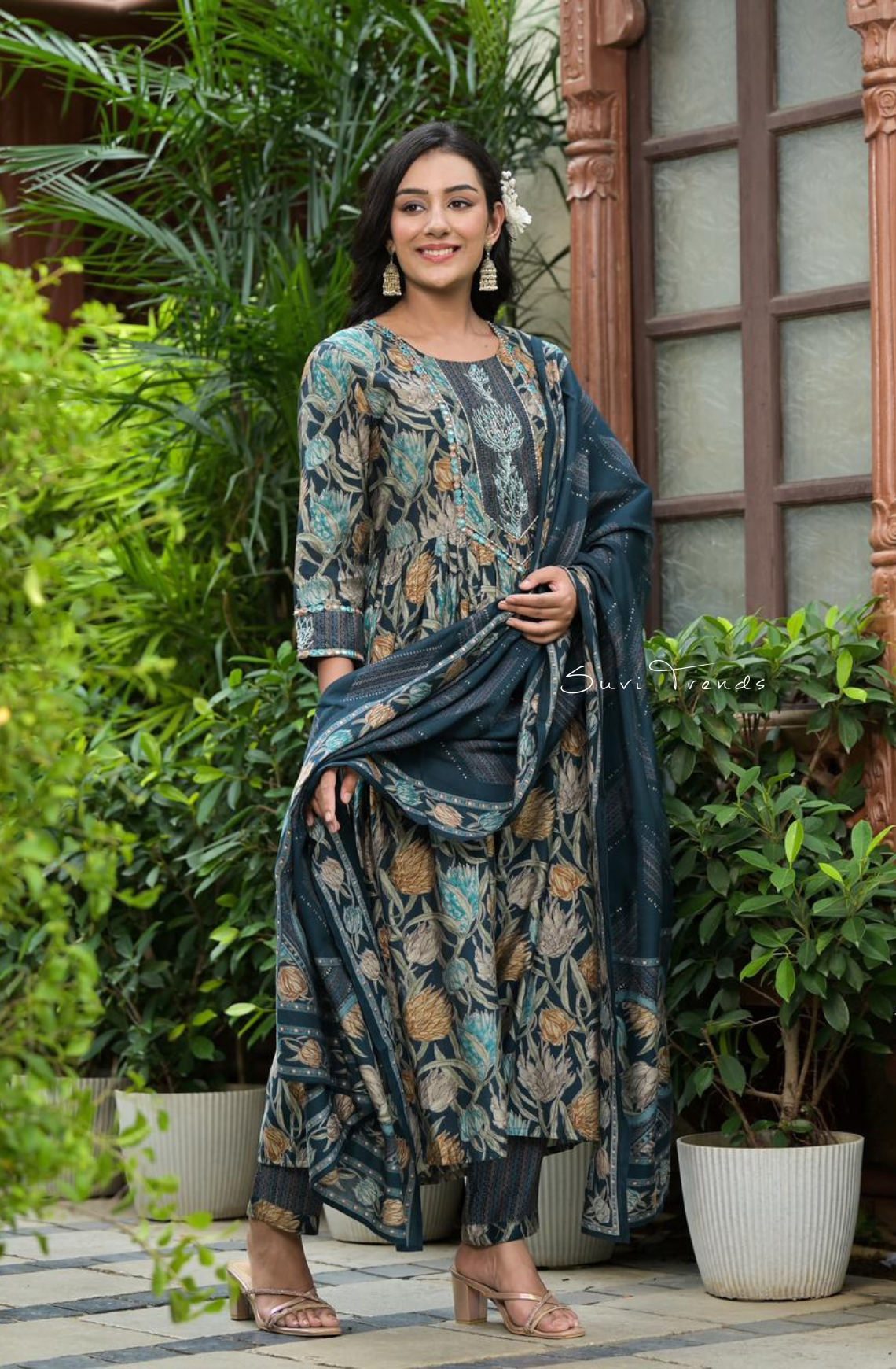 Digital Printed Kurta Set - Grey & Green