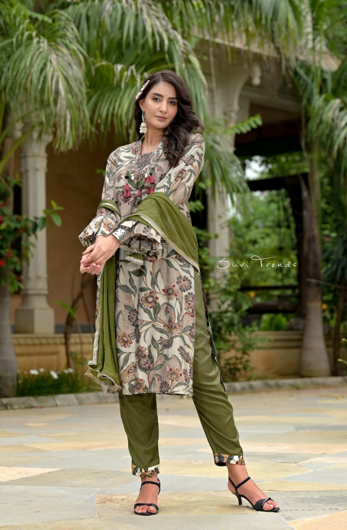 Floral Printed Kurta Set - Army Green