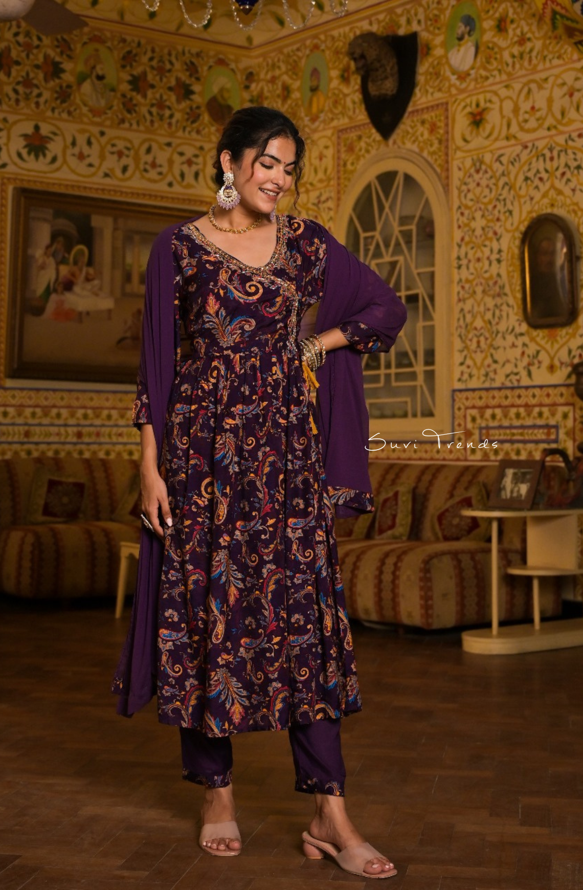 All Over Paisley Printed Angrakha Anarkali Set - Purple