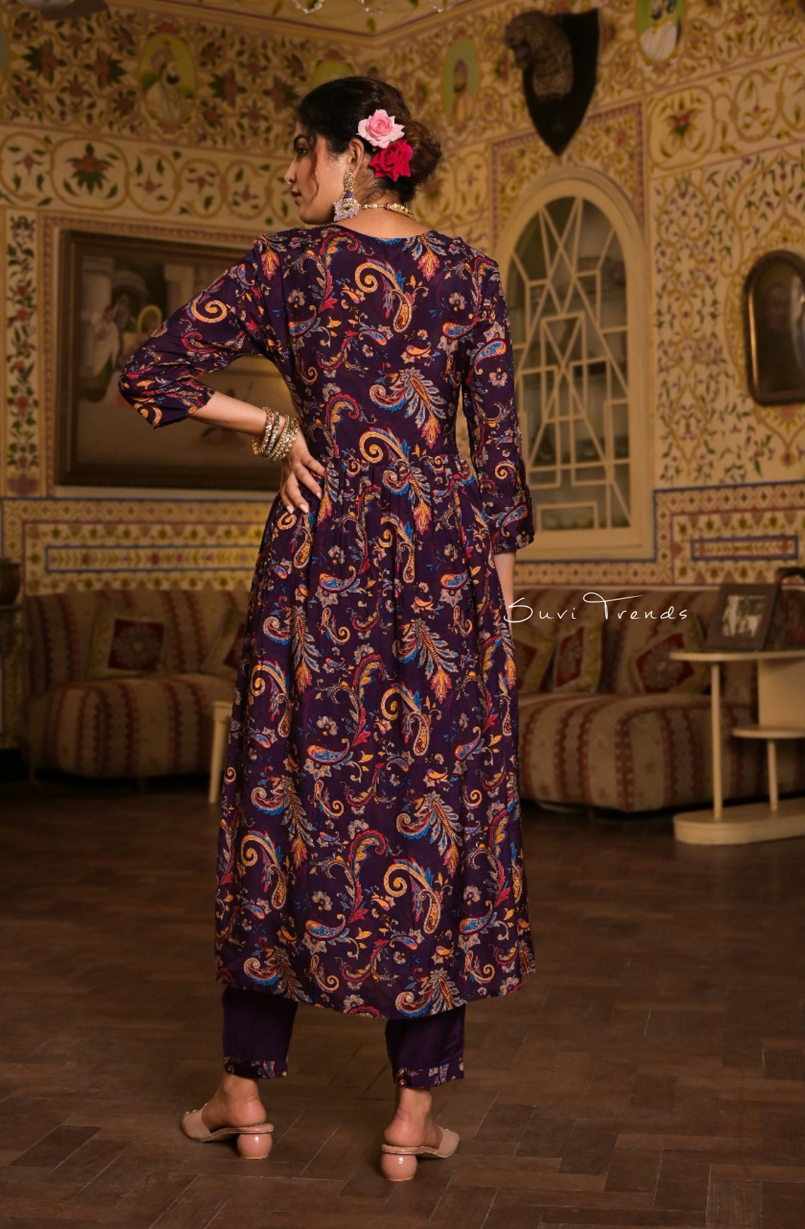 All Over Paisley Printed Angrakha Anarkali Set - Purple