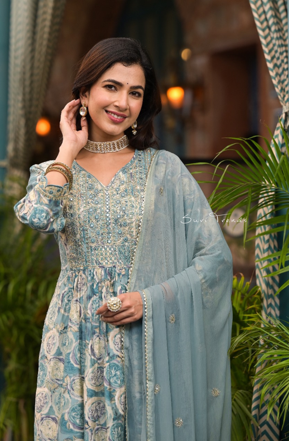 Floral Printed Suit Set with Mirror Work - Mint Blue