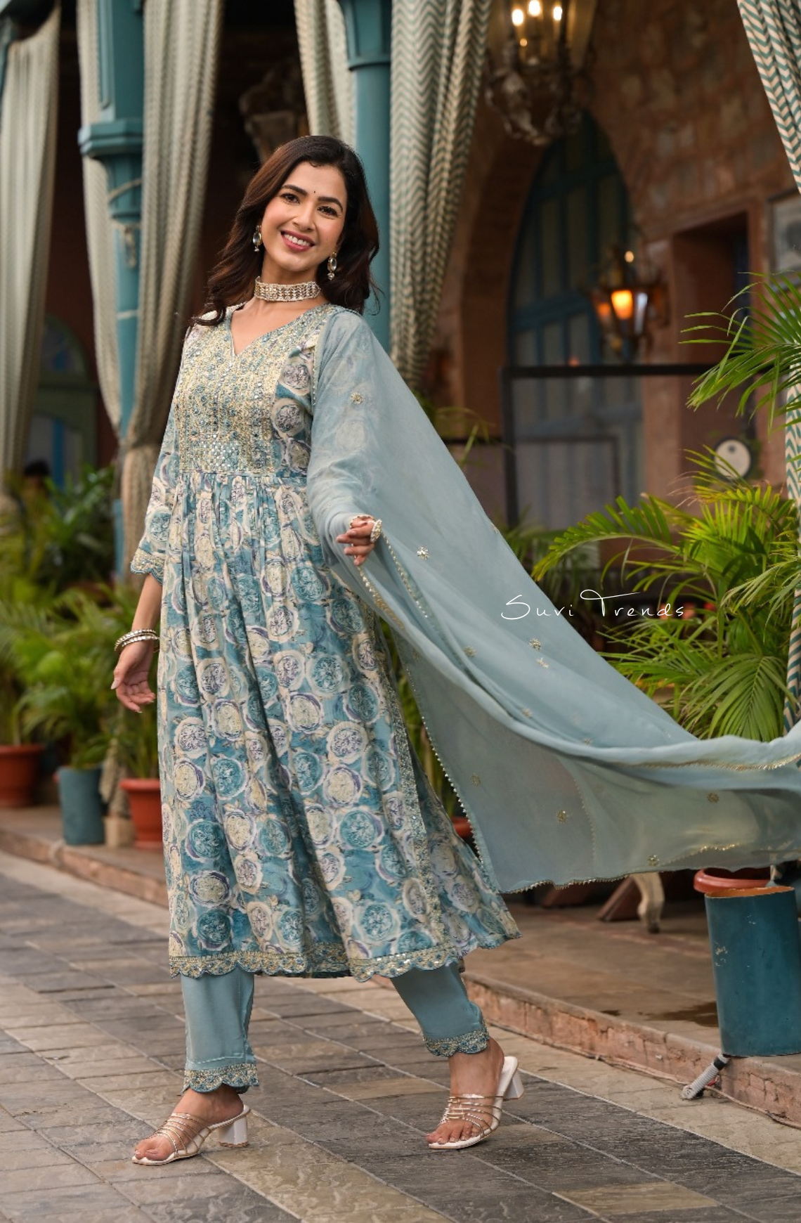 Floral Printed Suit Set with Mirror Work - Mint Blue