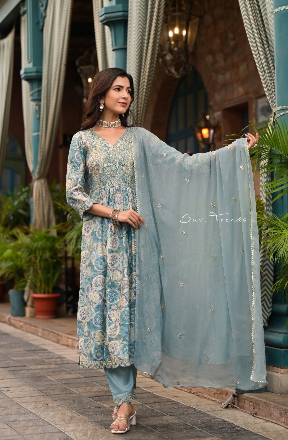 Floral Printed Suit Set with Mirror Work - Mint Blue