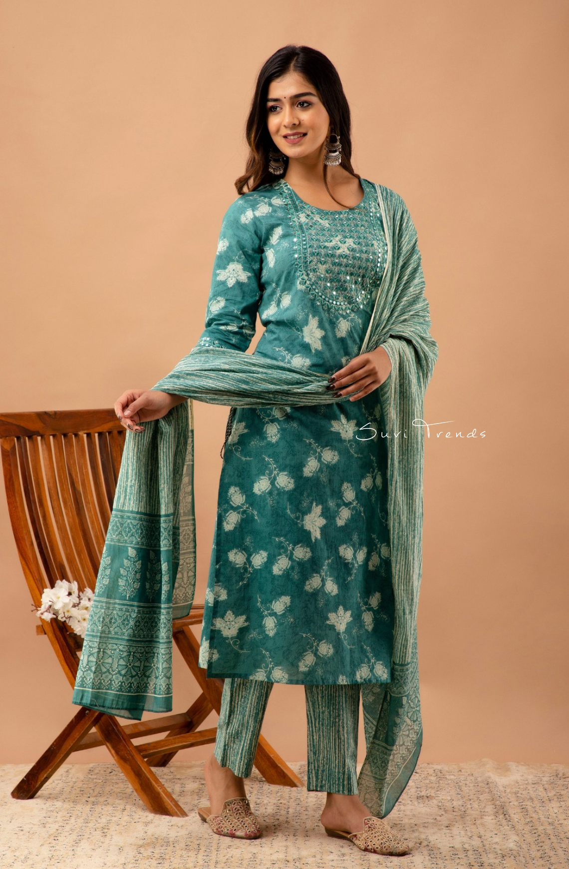 Floral Printed Pure Cotton Suit Set - Green