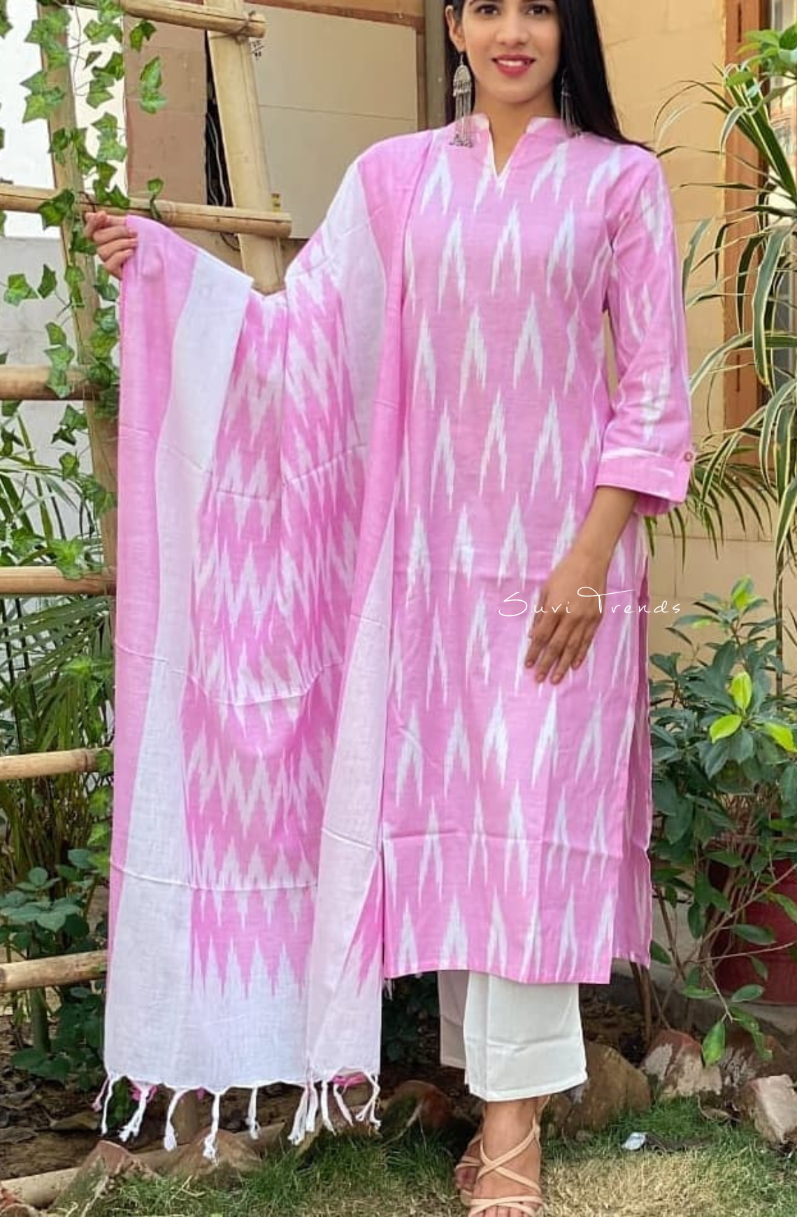 Handloom Cotton Ikat Kurta Set - Pink