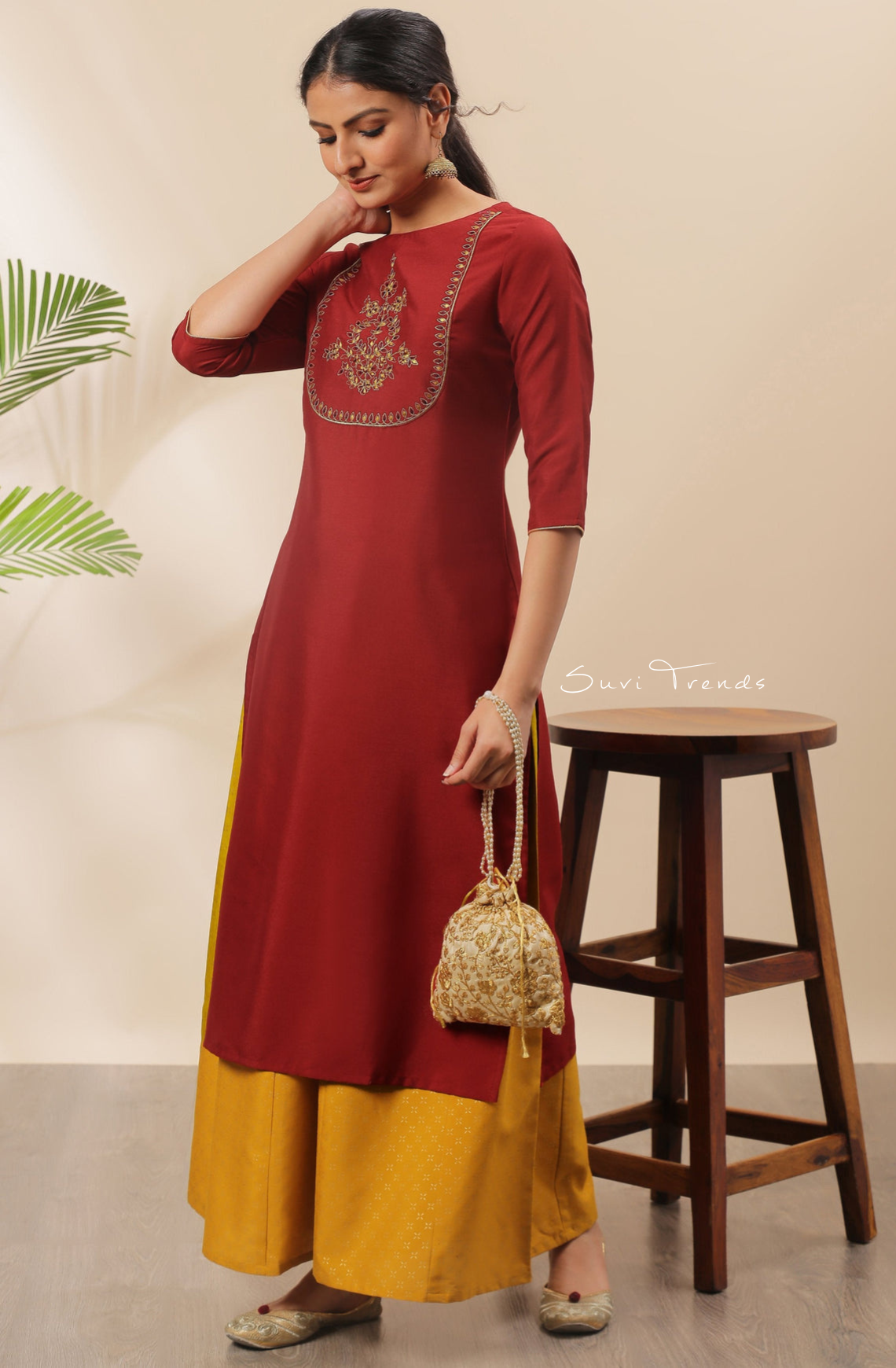 Solid Poly Silk Kurti with Embellishment - Red