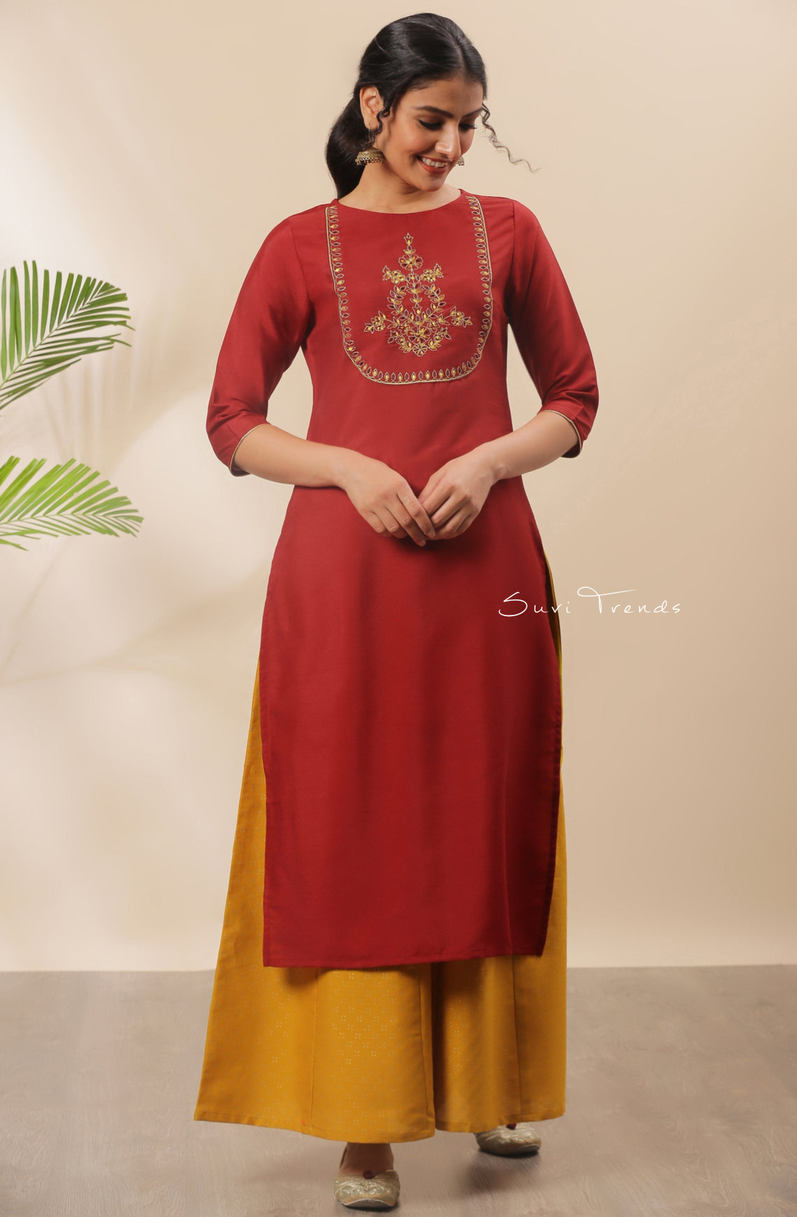 Solid Poly Silk Kurti with Embellishment - Red
