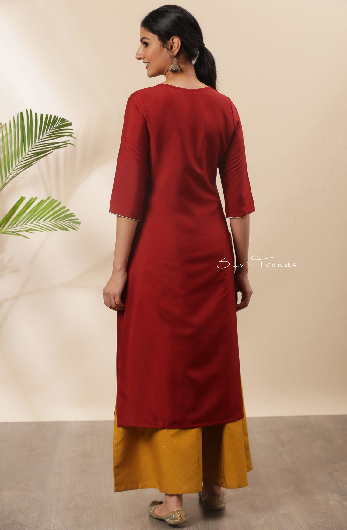 Solid Poly Silk Kurti with Embellishment - Red