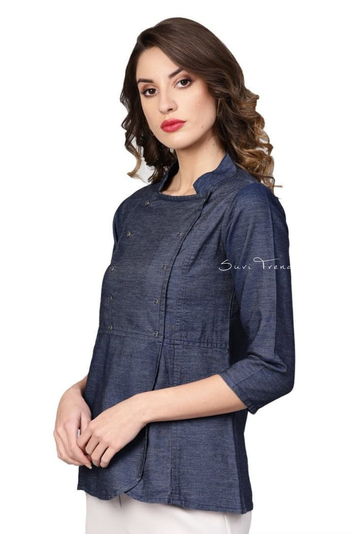 Solid Denim Peplum Top - Blue