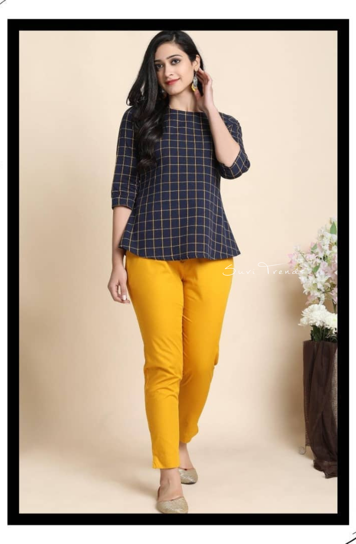 Checked Short Top with Tie-Knot - Blue
