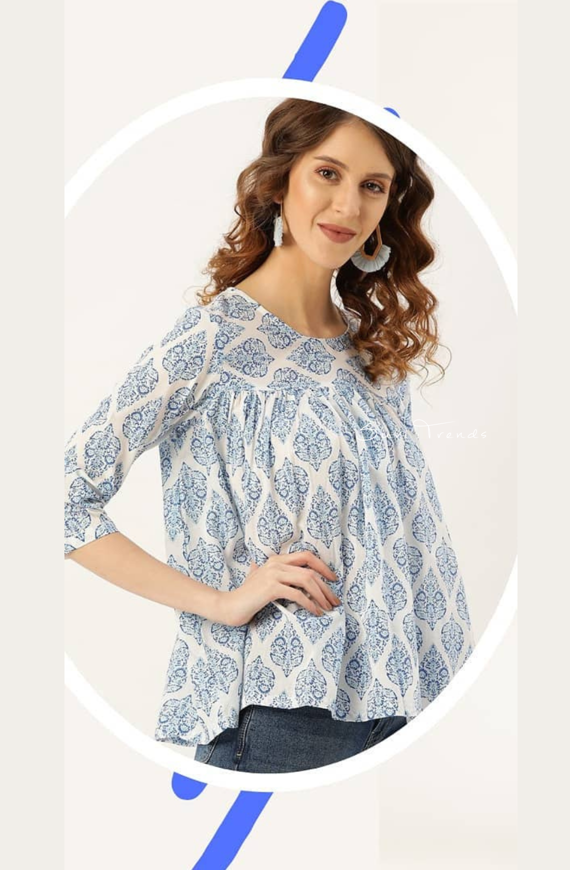 Floral Hand block Printed Short Top - Blue