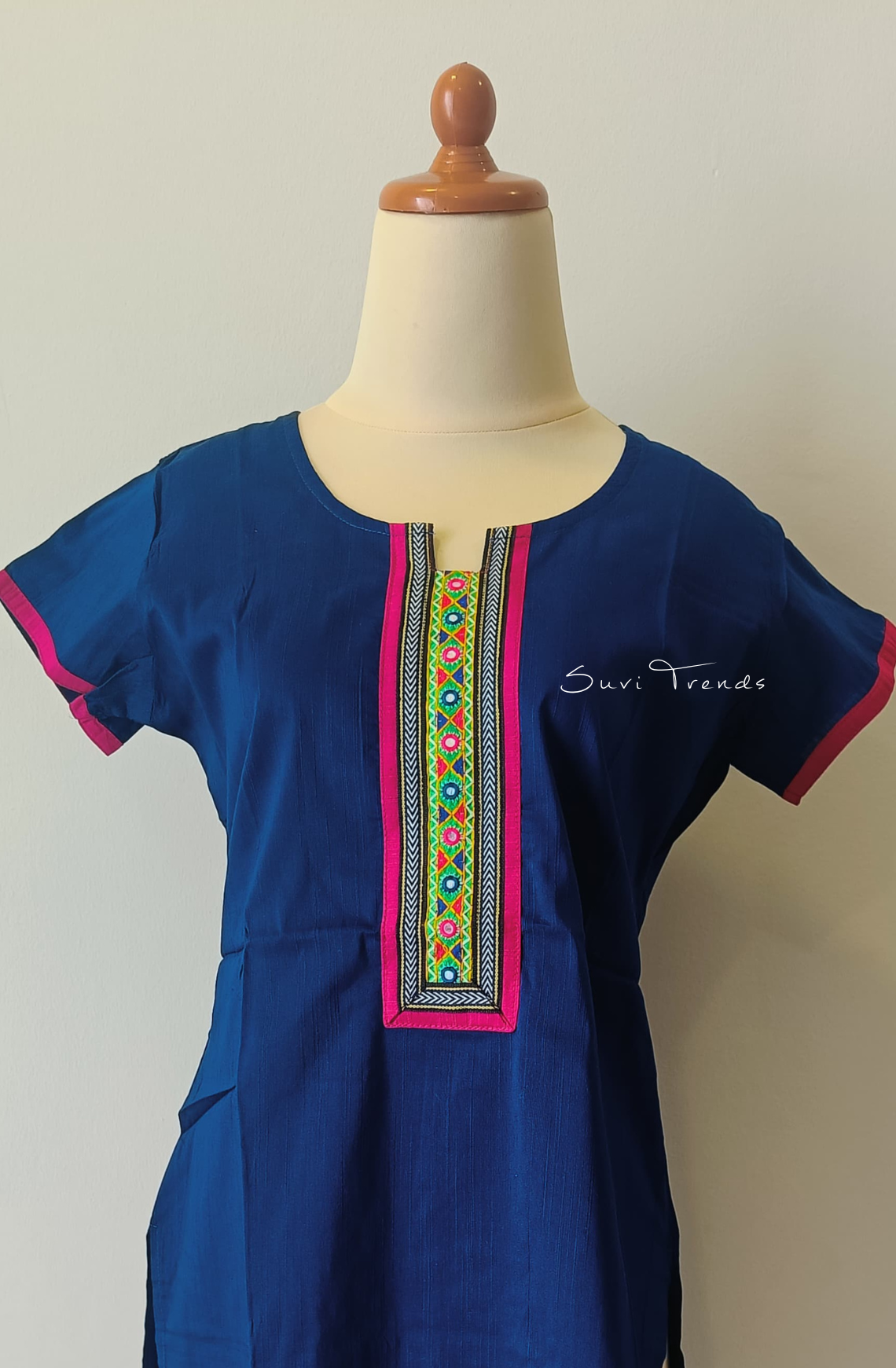 Solid Straight Kurta with Embellished Placket - Blue