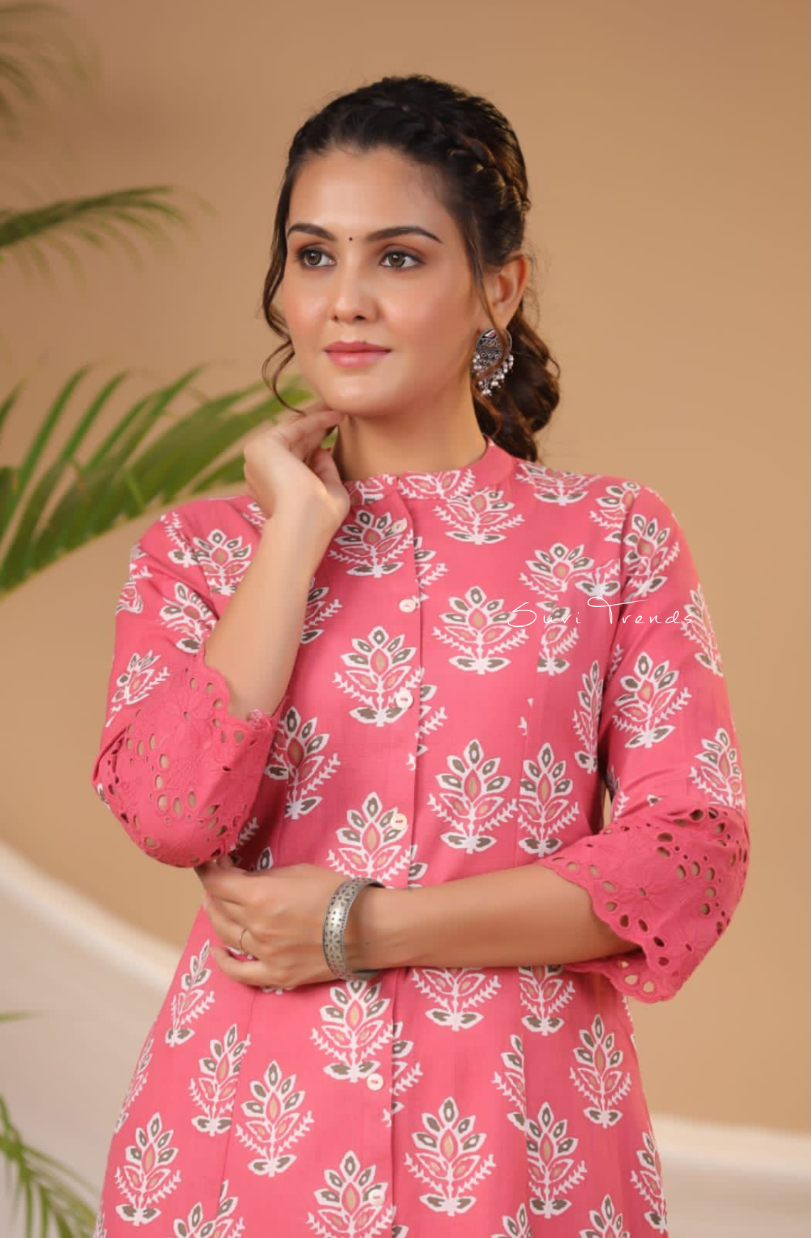 Cactus Print A-Line Kurta - Pink