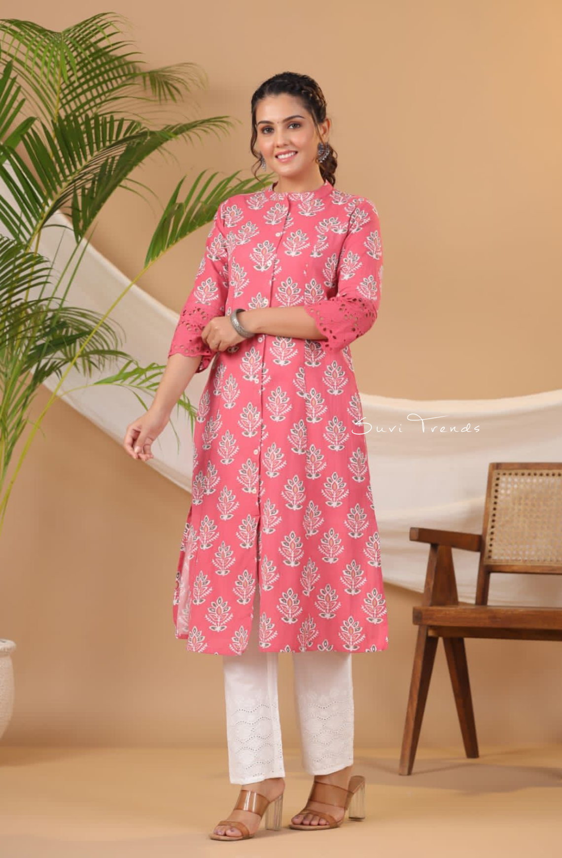 Cactus Print A-Line Kurta - Pink
