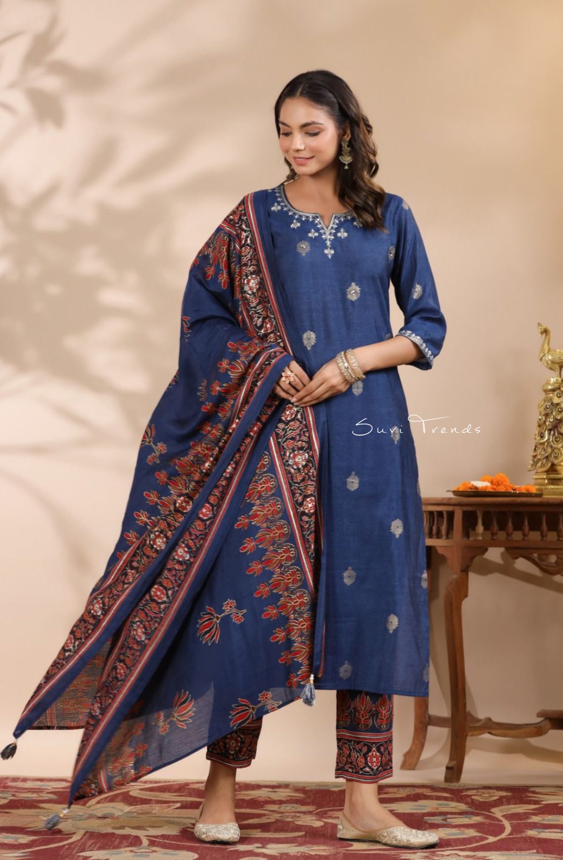 Pure Muslin Suit Set with Dupatta - Blue