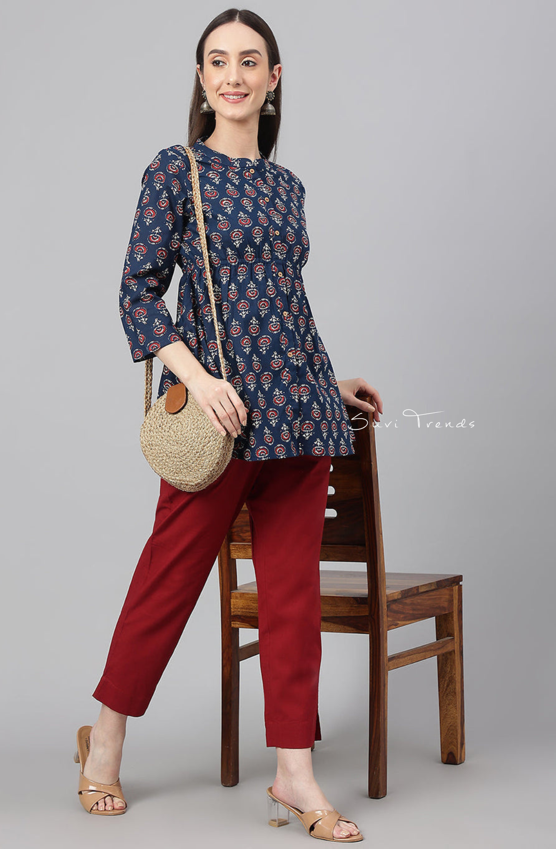 Floral Print Peplum Top - Navy Blue