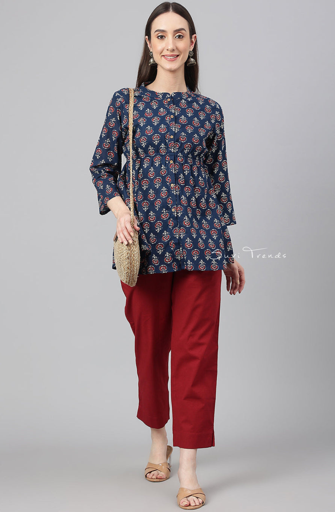 Floral Print Peplum Top - Navy Blue