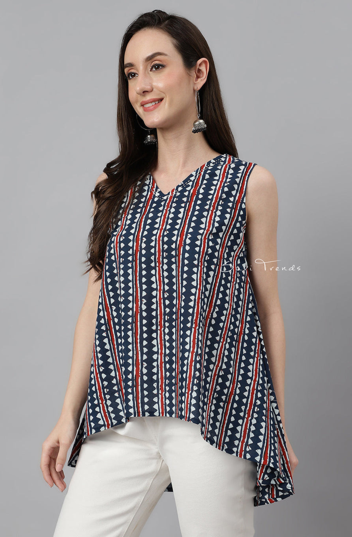 Geometric Printed High Low Top - Navy Blue