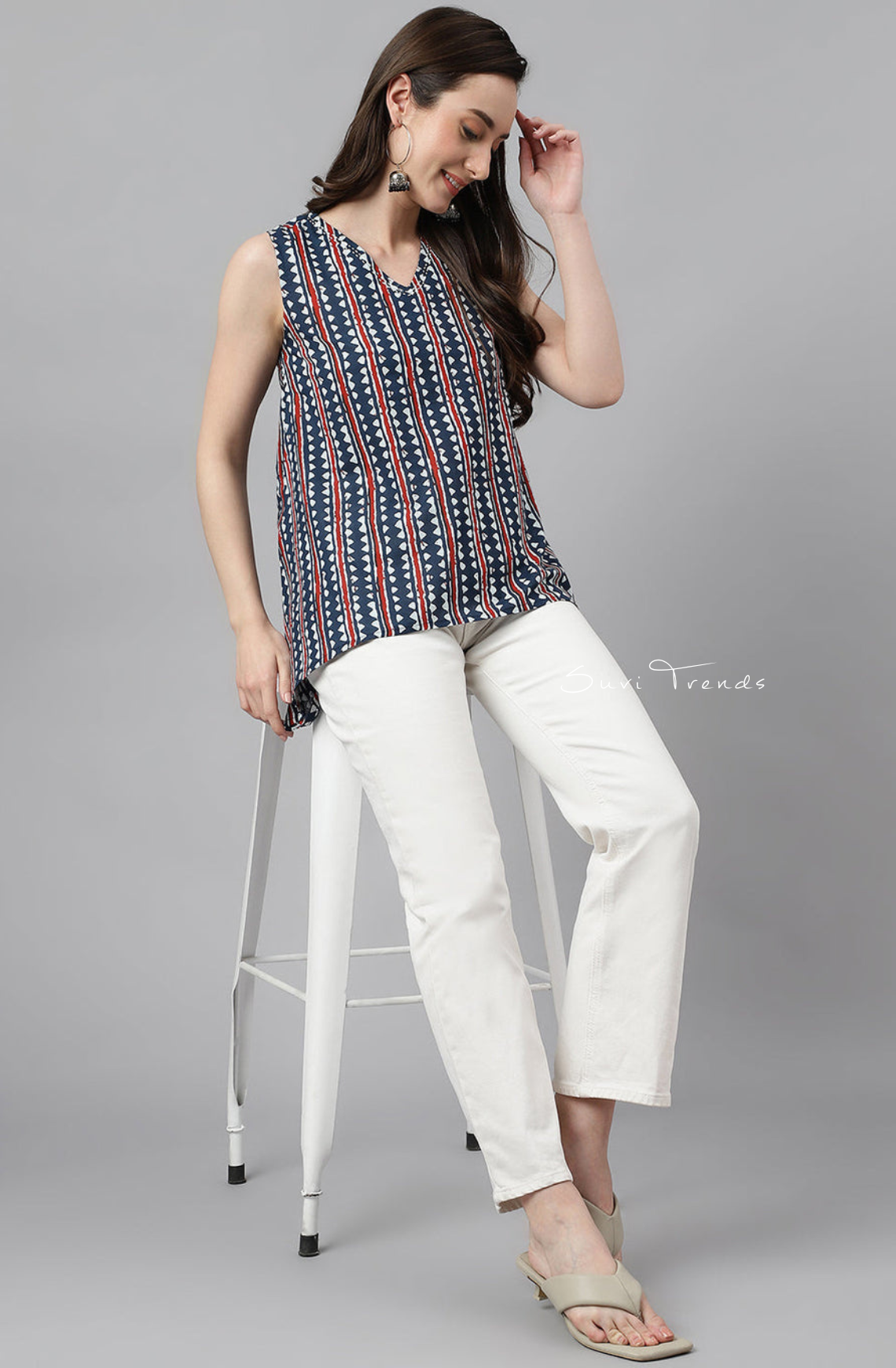 Geometric Printed High Low Top - Navy Blue