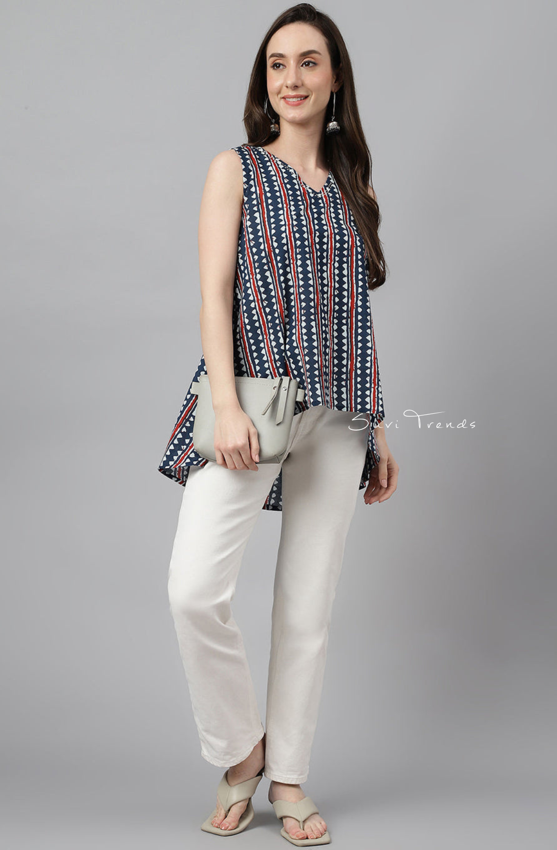 Geometric Printed High Low Top - Navy Blue