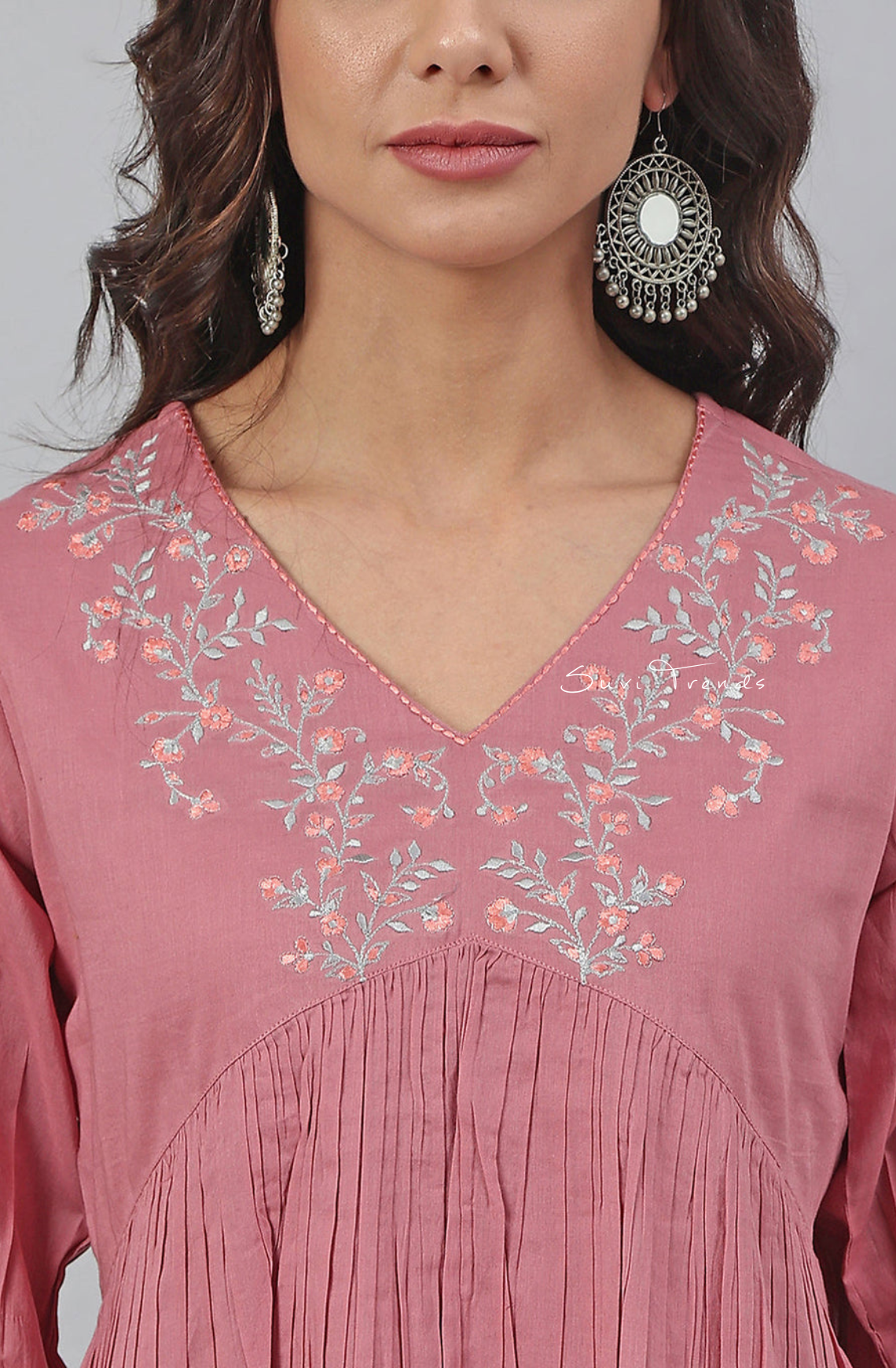 Embroidered Fit and Flared Top - Pink