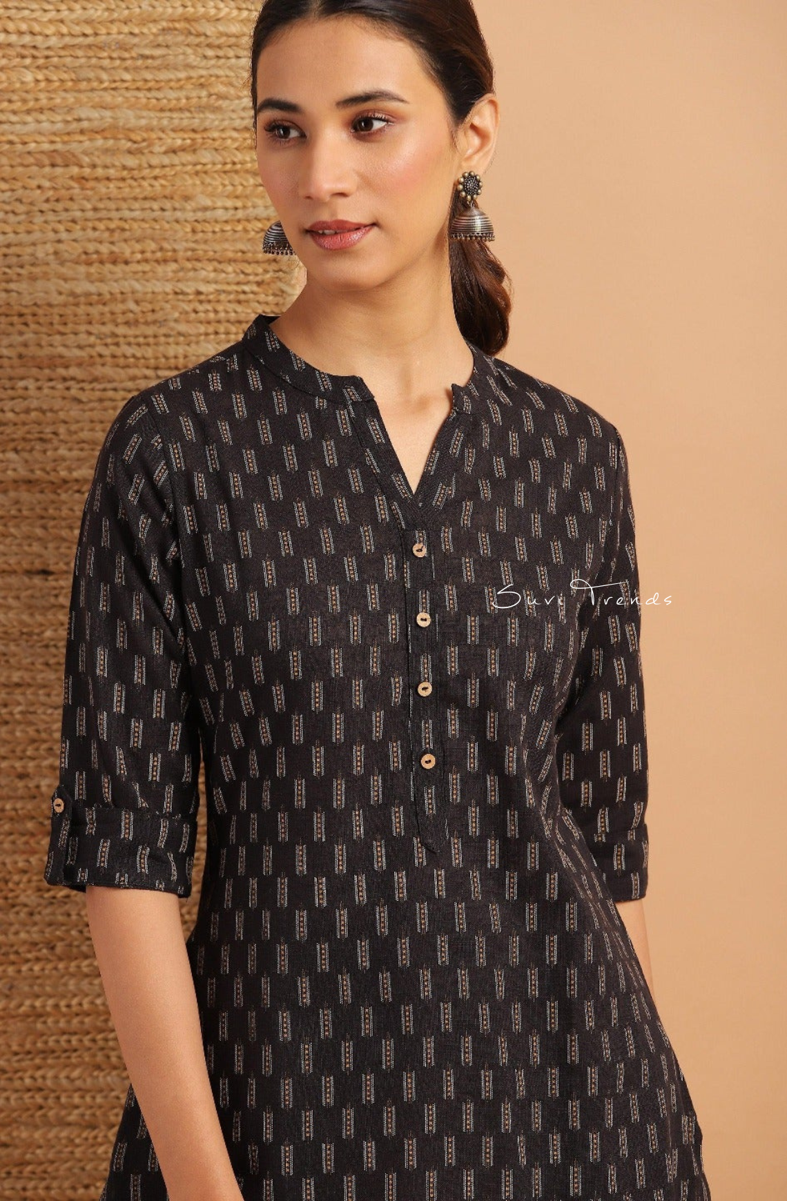 Pure Cotton Geometric Printed Straight Kurti - Black