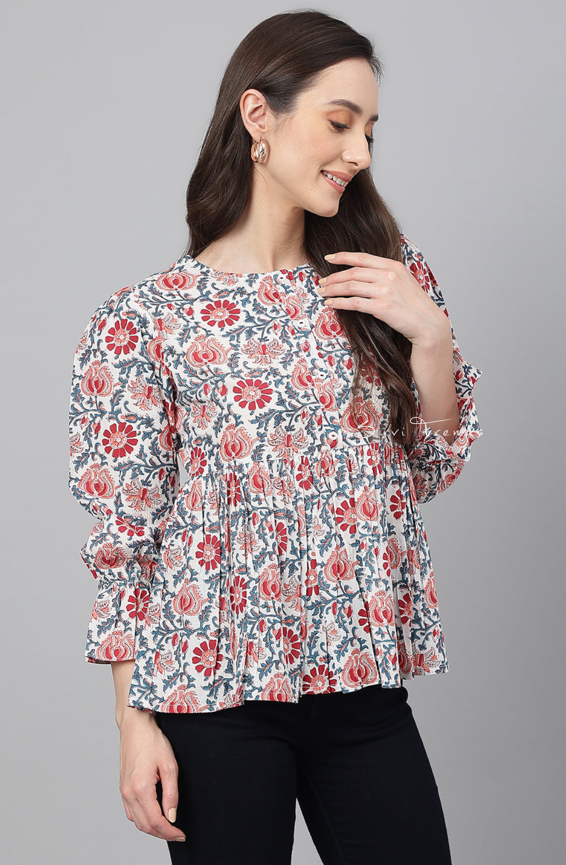 Pure Cotton Floral Printed Flared Top - White
