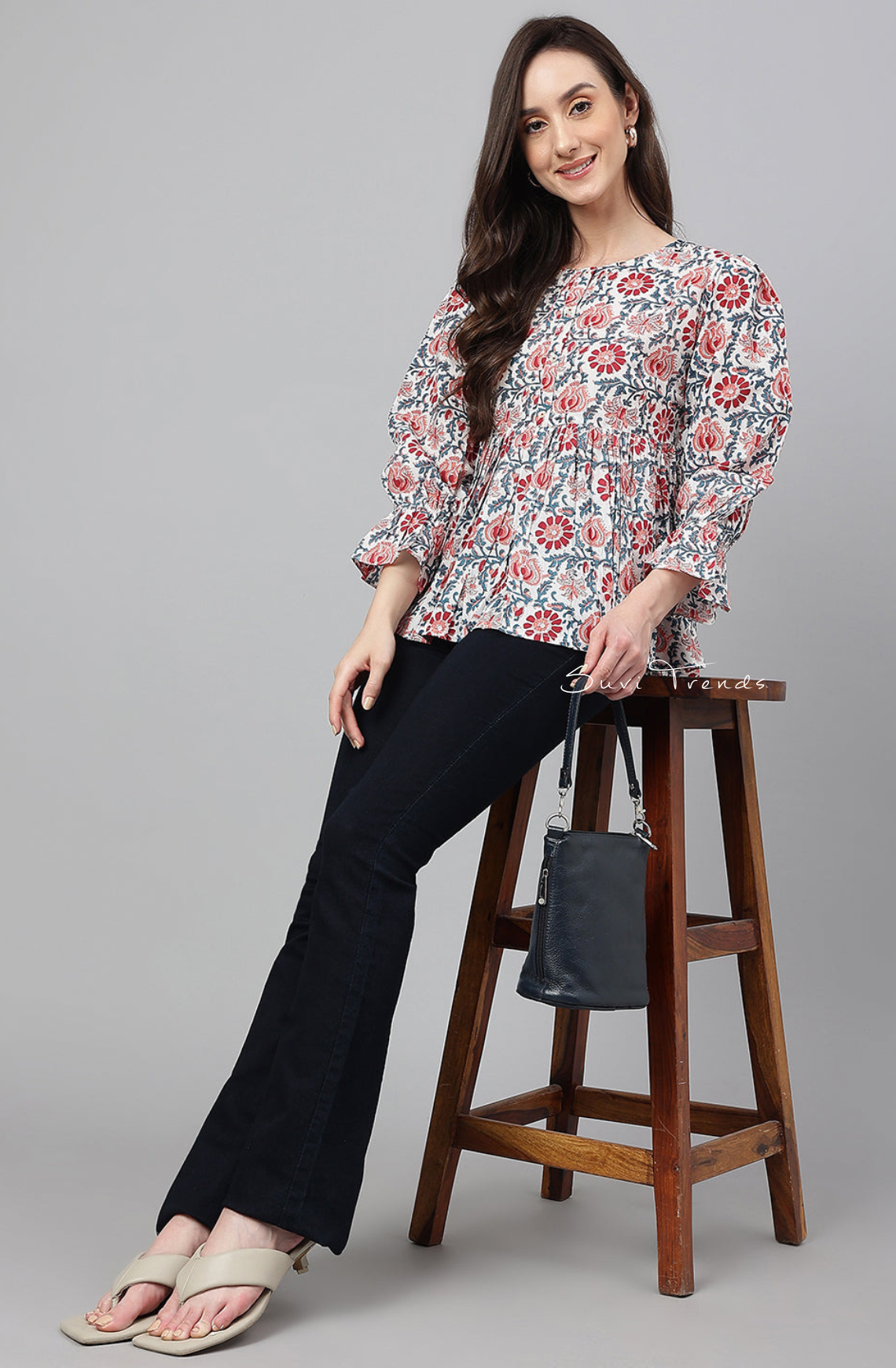 Pure Cotton Floral Printed Flared Top - White
